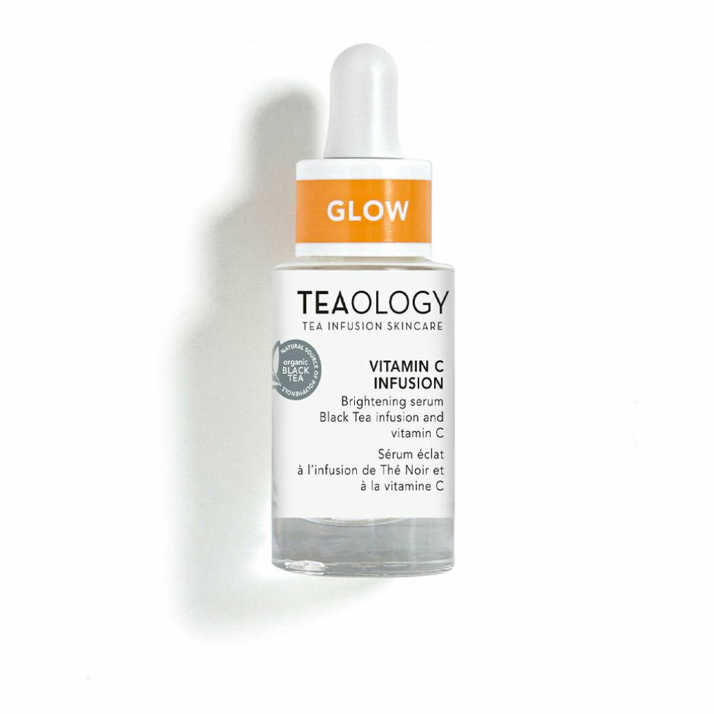 Serumflasche mit Pipette. Aufschrift: Teaology, Vitamin C Infusion, Glow. Auf weißem Hintergrund.