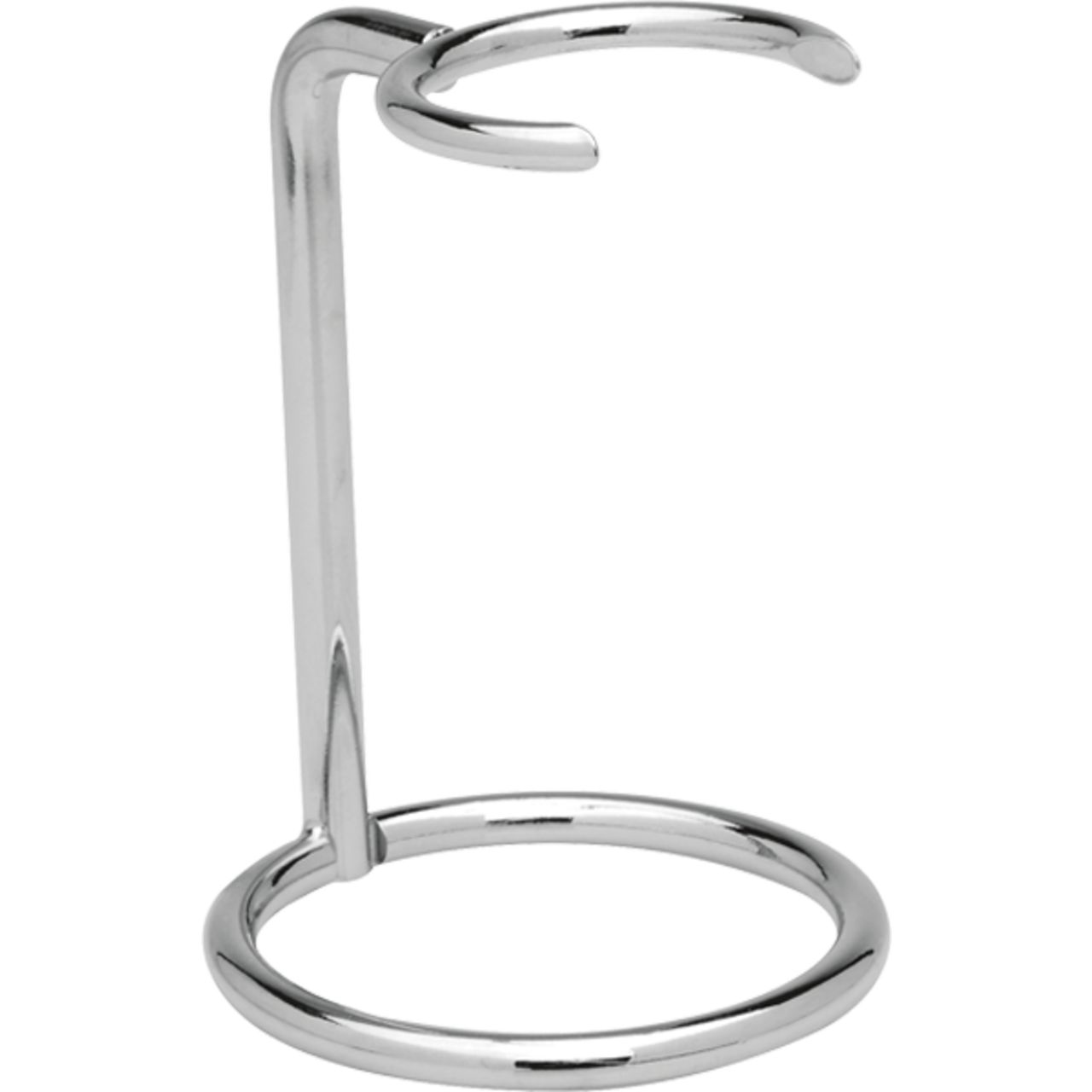 Pinselhalter aus verchromtem Metall. Besteht aus einem runden Fuß, einem vertikalen Stiel und einem gebogenen Halter für den Pinsel.