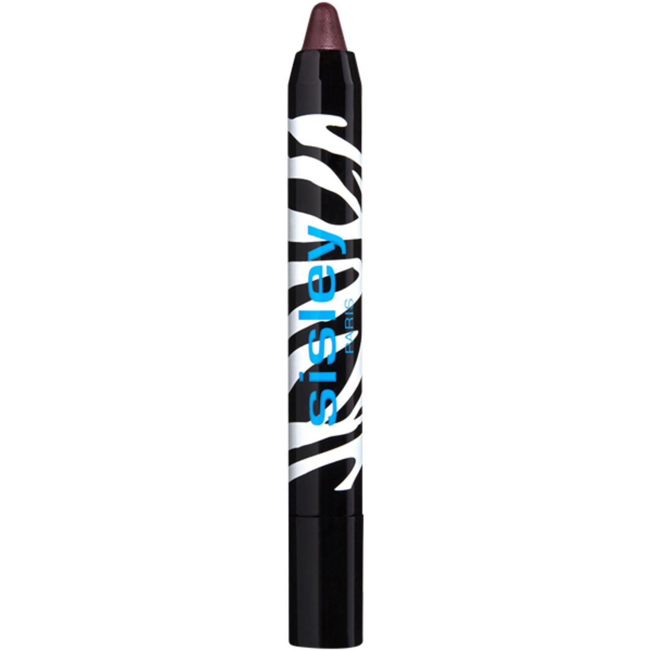Sisley Phyto-Eye Twist. Stift mit schwarzem Zebra-Muster und blauem Schriftzug. Spitze in dunklem Farbton. Schwarzer Deckel.