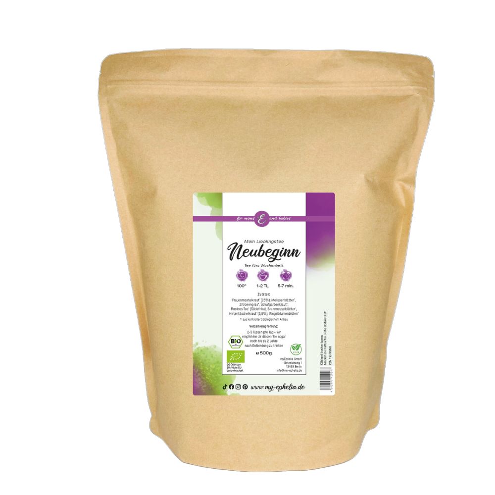Beutel mit Aufdruck. Aufschrift: Mein Lieblingstee Neubeginn. Bio-Siegel. Braune Papierverpackung.