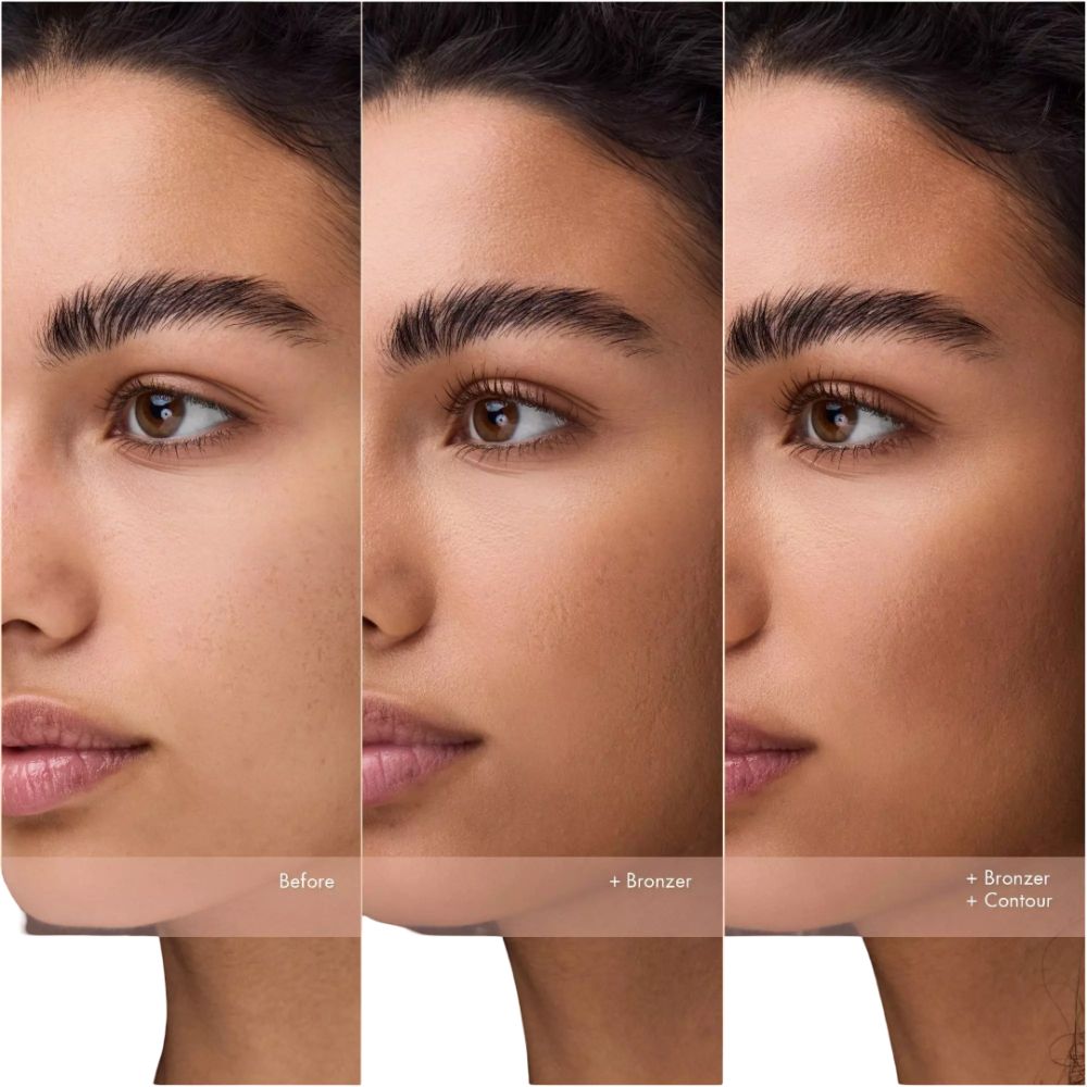 Drei Gesichter zeigen den Effekt von Bronzer und Kontur. Beschriftung: 'Before', '+ Bronzer', '+ Bronzer + Contour'.