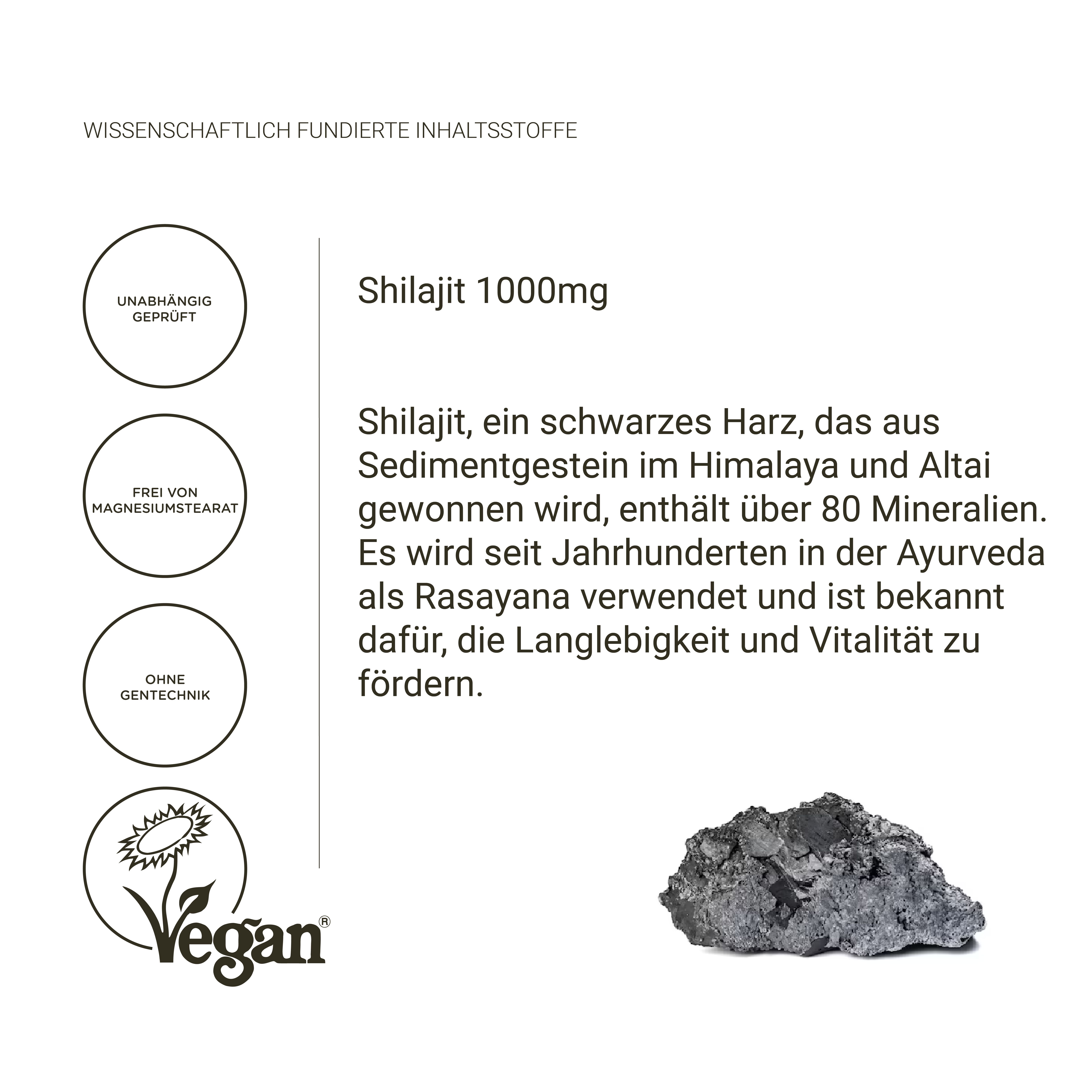 Text: Shilajit 1000mg, schwarzes Harz aus Himalaya. Vegan-Siegel.