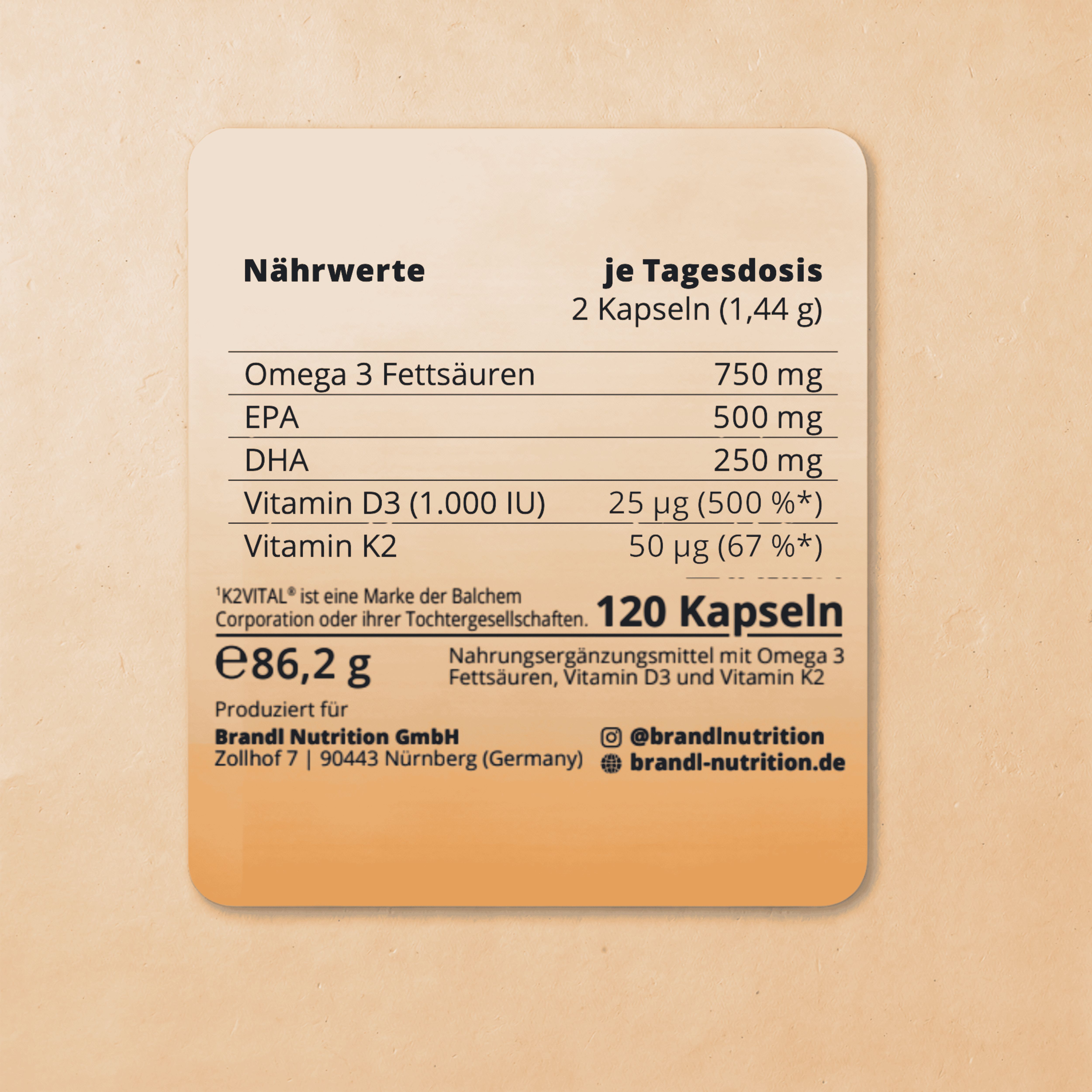 Nährwerttabelle mit Informationen zu Omega 3 Fettsäuren, Vitamin D3 und K2. 120 Kapseln. Hergestellt für Brandl Nutrition GmbH.