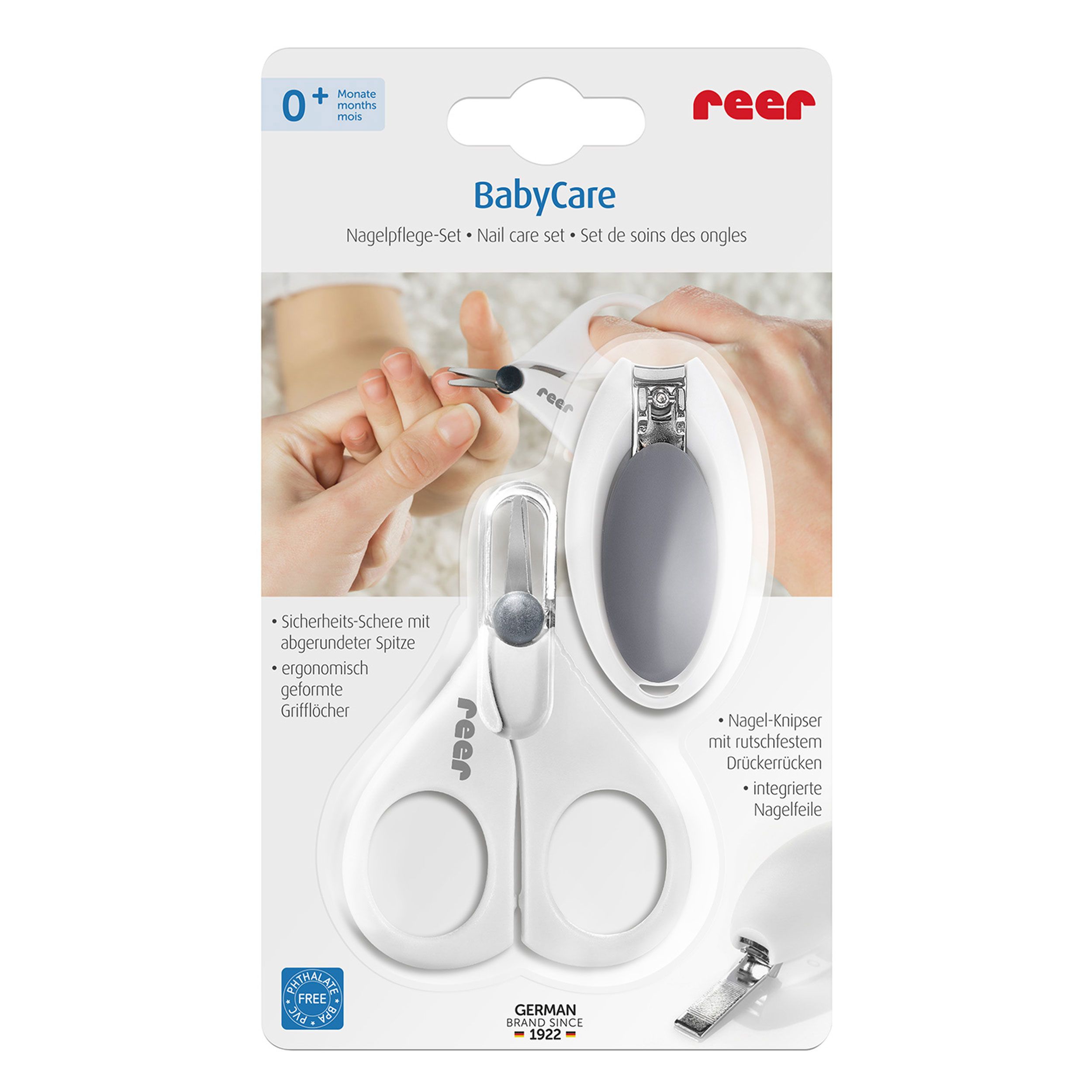 BabyCare Nagelpflege-Set in Verpackung. Enthält Nagelschere und Nagelknipser. Marke: reer.