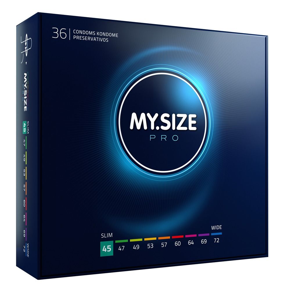 Verpackung mit Kondomen. Aufschrift MY.SIZE PRO, Größenangaben. 36 Kondome.