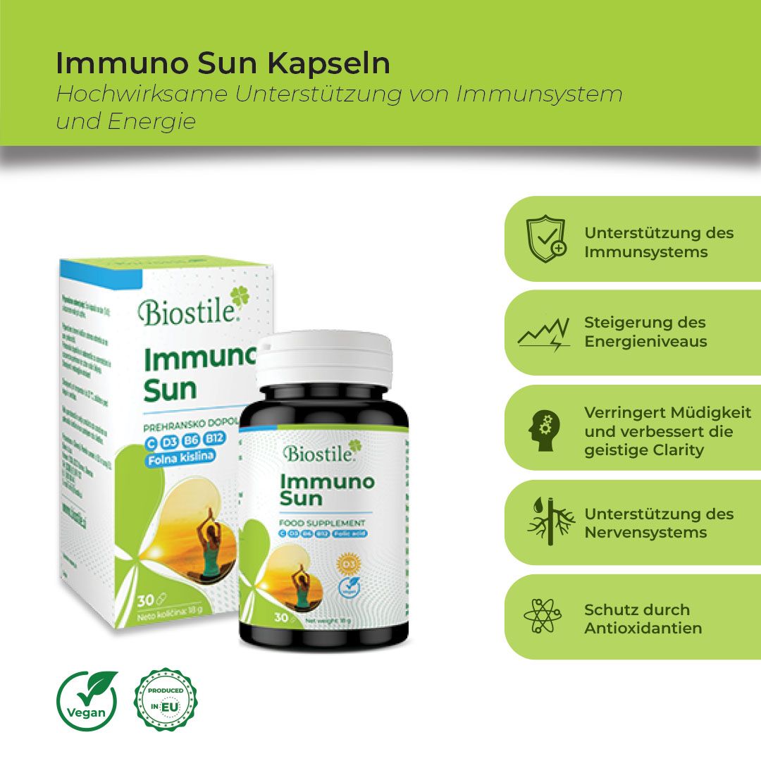 Produktverpackung mit Flasche. Text: Immuno Sun Kapseln. Unterstützt Immunsystem und Energie. 30 Kapseln. Vegan.