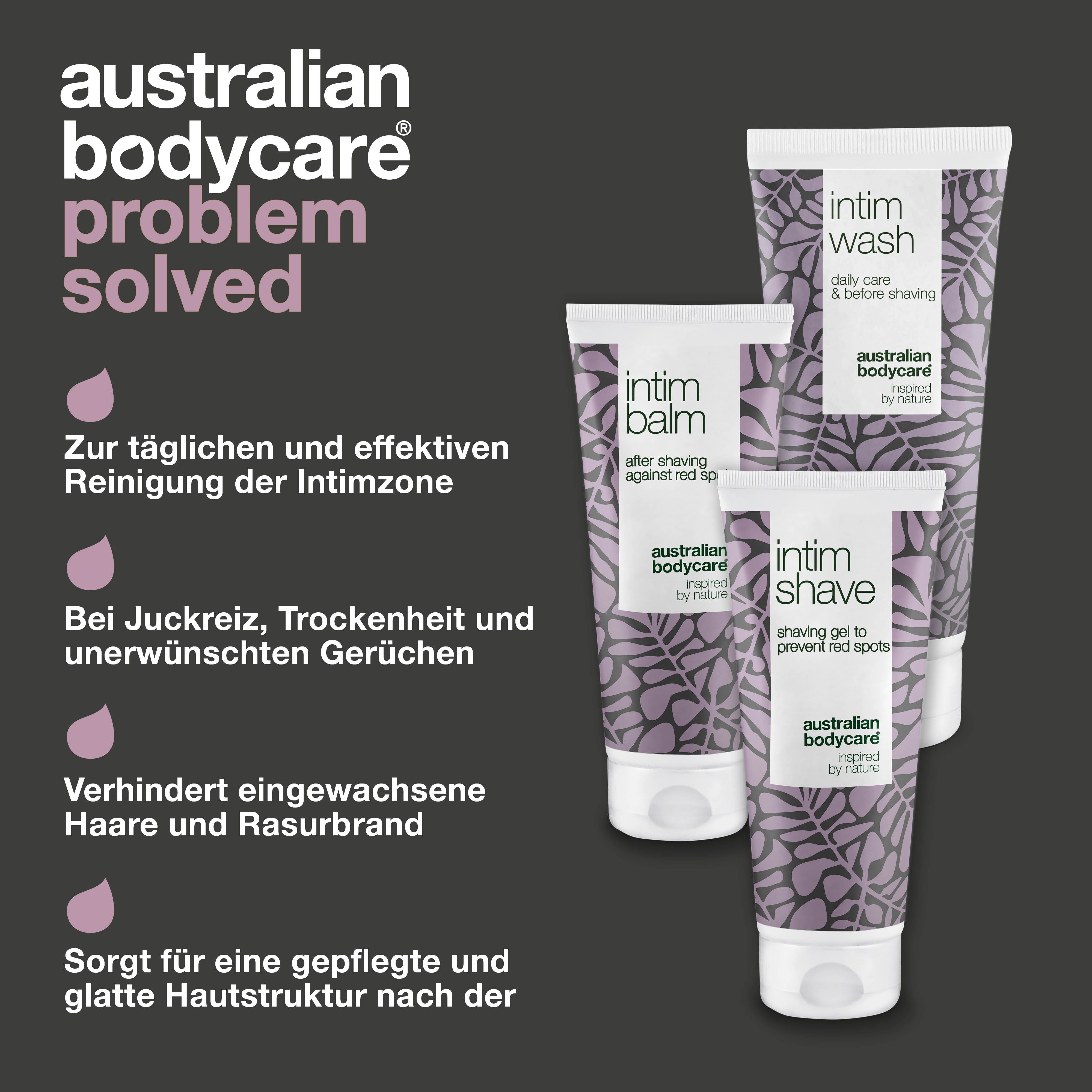 Drei Tuben Australian Bodycare Intimrasur-Set mit Text und Illustrationen. Auf dunklem Hintergrund.