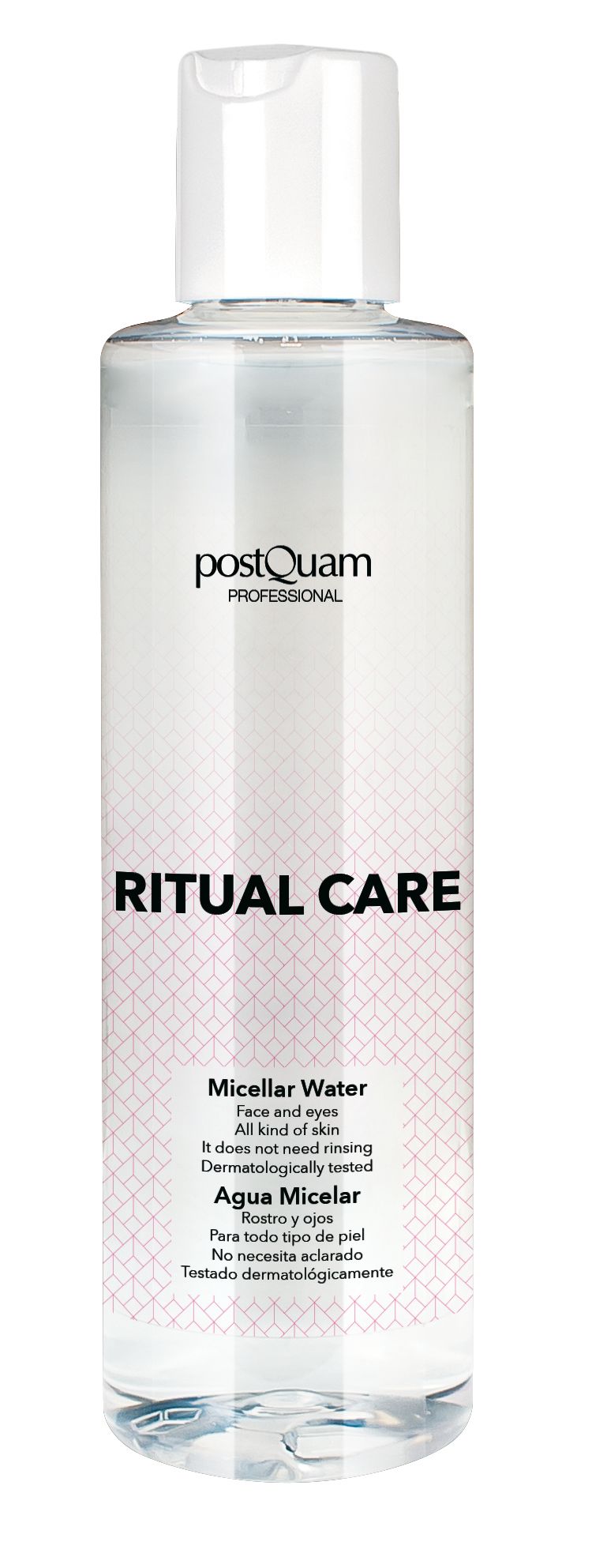 Klare Flasche mit weißem Deckel. Aufschrift: postQuam PROFESSIONAL, RITUAL CARE, Micellar Water, für alle Hauttypen. Dermatologisch getestet.
