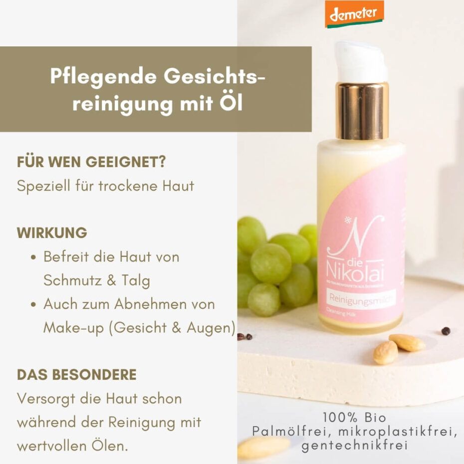 Beige Flasche mit Dosierpumpe. Rosa Etikett mit Text. Demeter-Logo. Grünliche Trauben und Mandeln daneben.