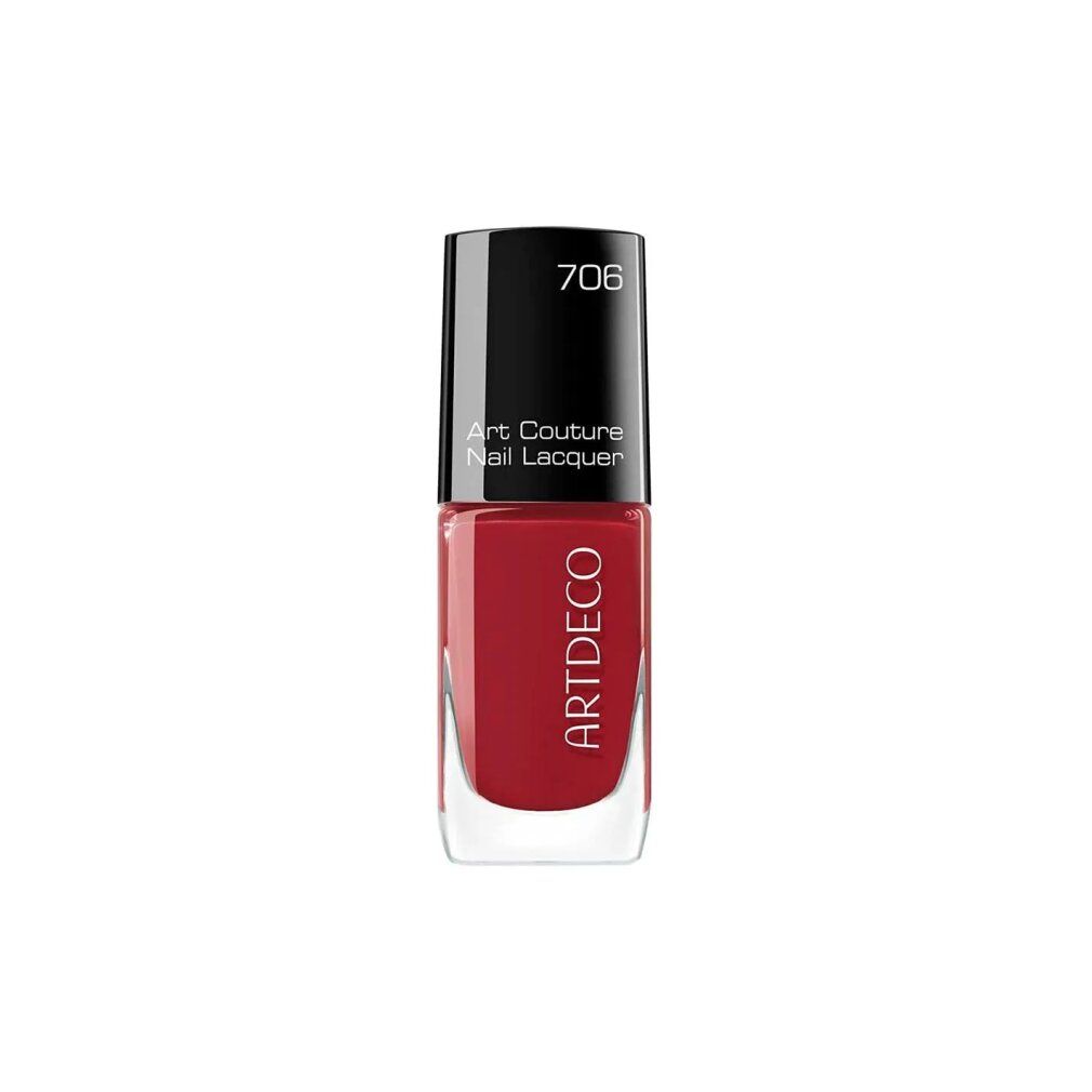 Artdeco Art Couture Nail Lacquer, Farbe 706, roter Nagellack in Glasflasche mit schwarzem Deckel.