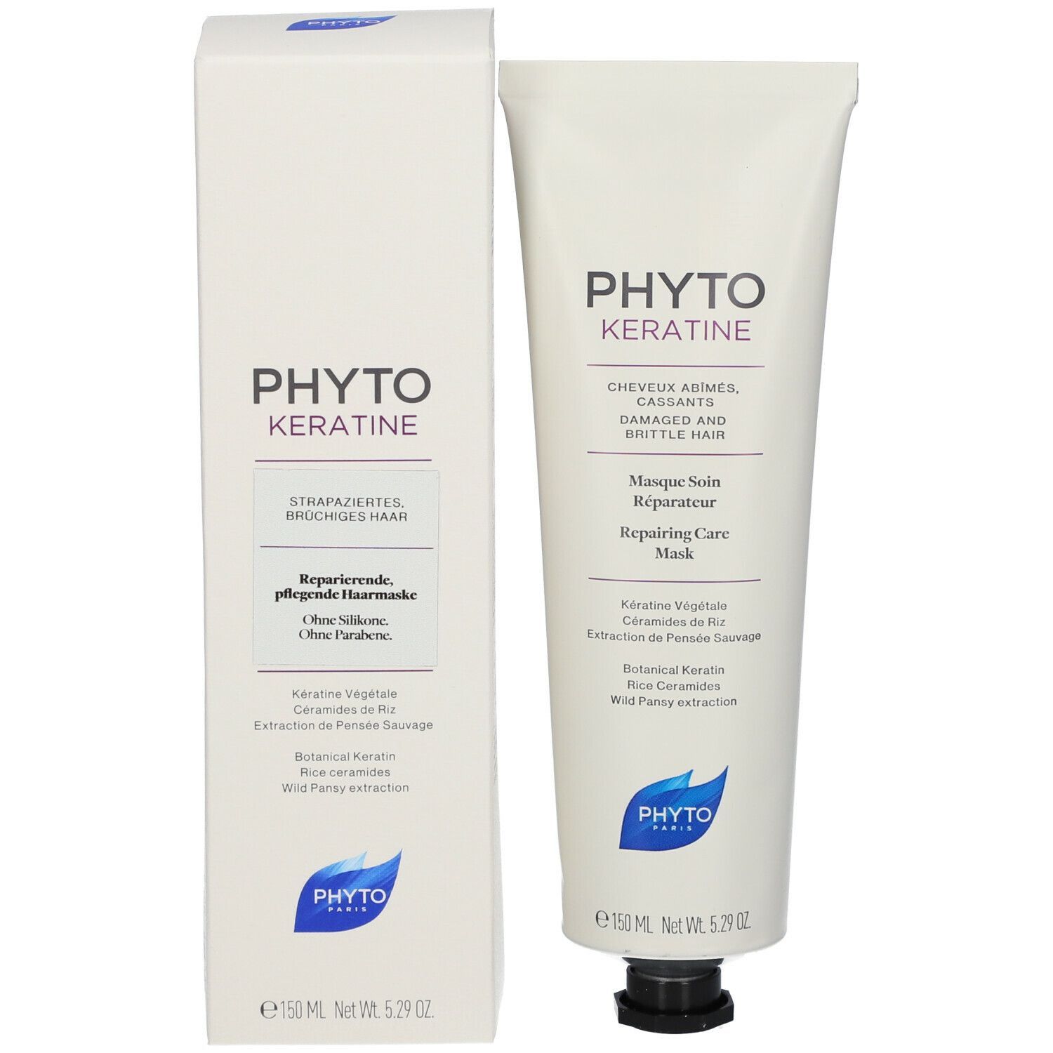 Produktverpackung und Tube mit Produktnamen und Text. Marke PHYTO. 150 ml.