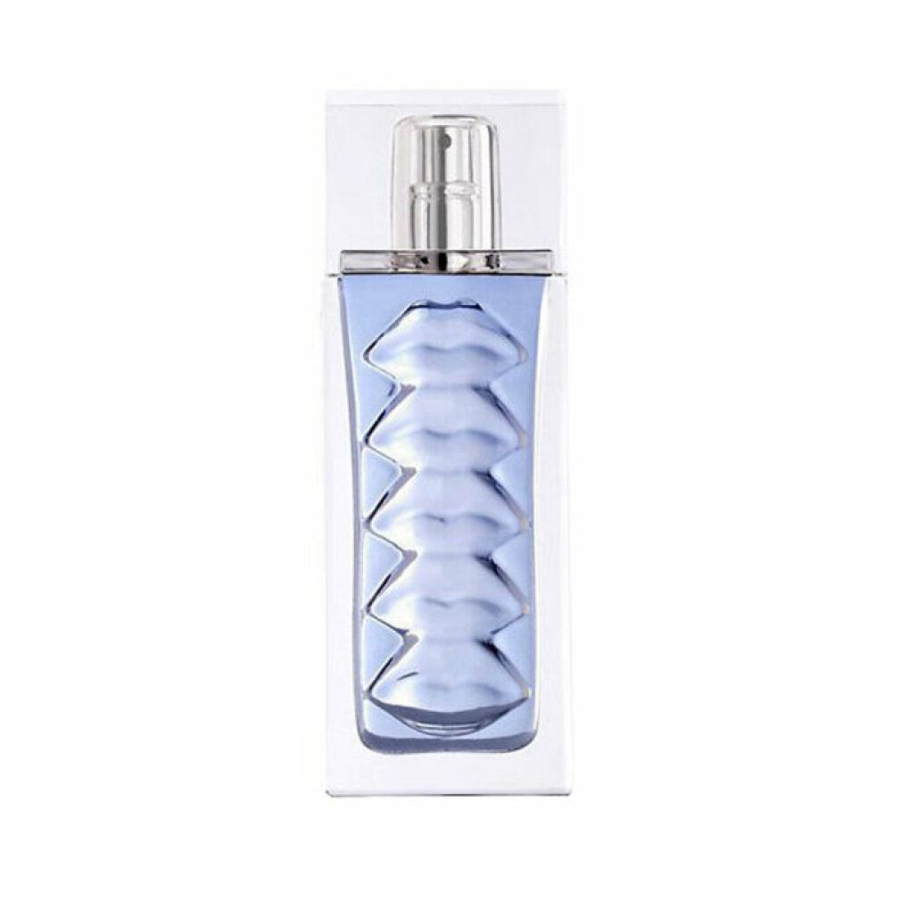 Eau de Rubylips Flakon. Rechteckiger Flakon mit Lippen-Design. Silberner Sprühkopf. Klarer Kunststoff-Überzug.