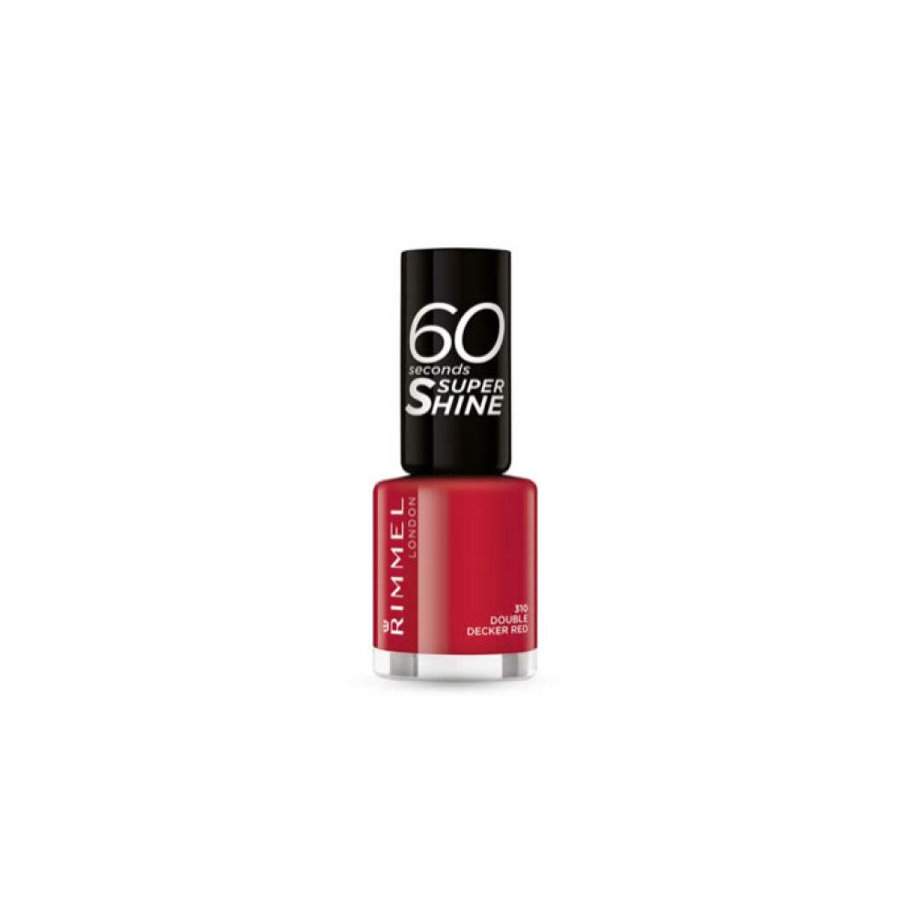 Roter Nagellack von Rimmel London. Schwarzer Deckel mit weißer Schrift. Produktname und Farbtonbezeichnung sichtbar.