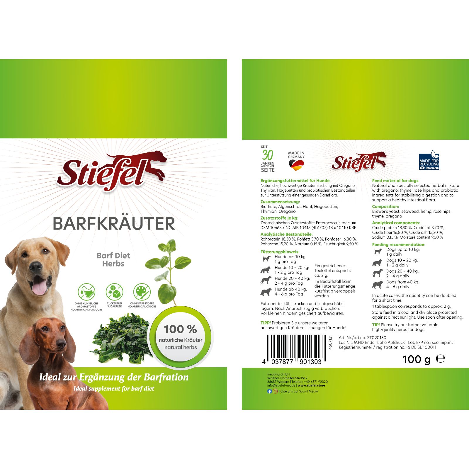 Verpackung von Stiefel Barf-Kräuter. Grün-weißes Design mit Produktinformationen, Logo, Abbildungen von Hunden und Kräutern. 100g.