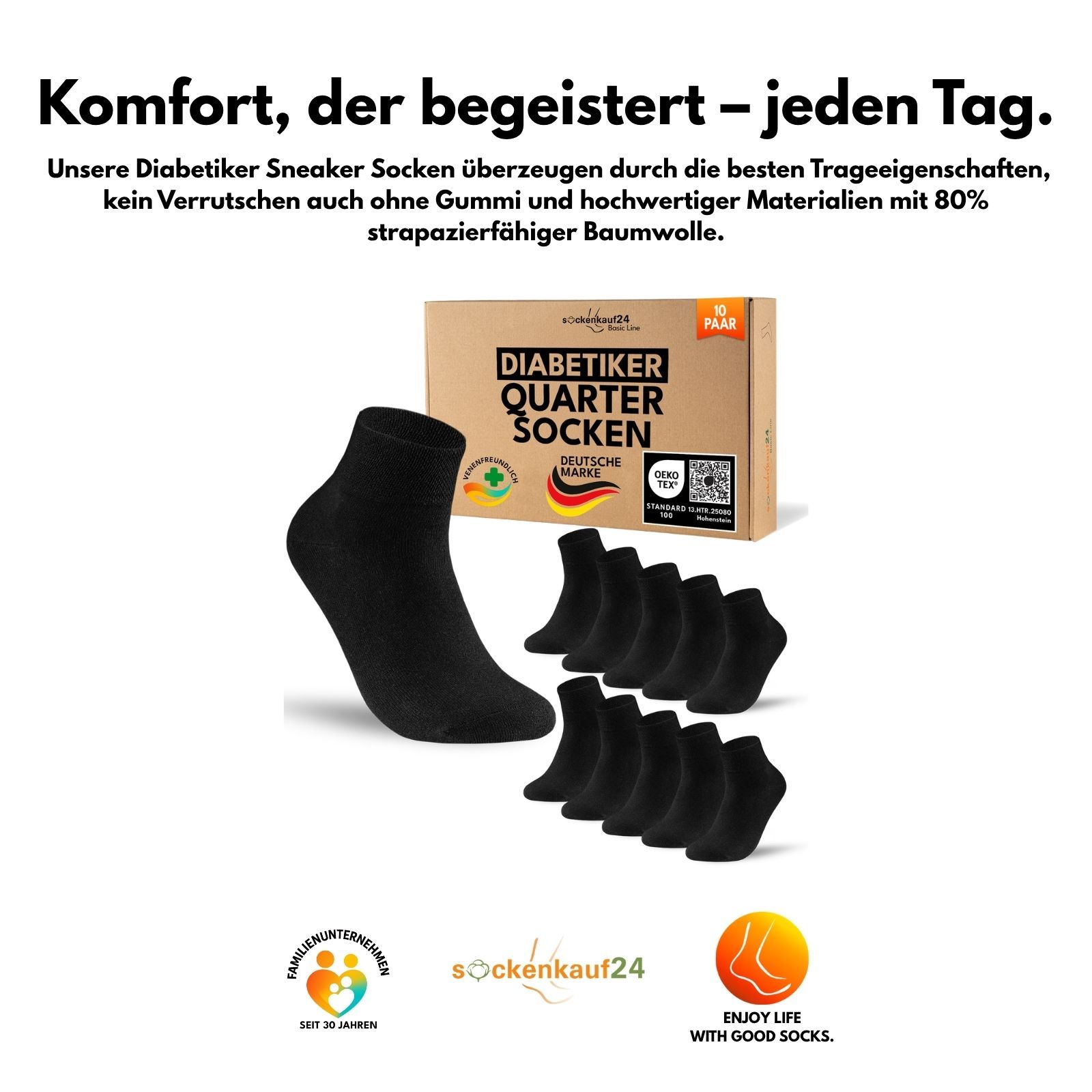 Schwarze Quarter Socken und Verpackung. Produktname, Logo, Zertifizierungen. 10 Paar Packung.