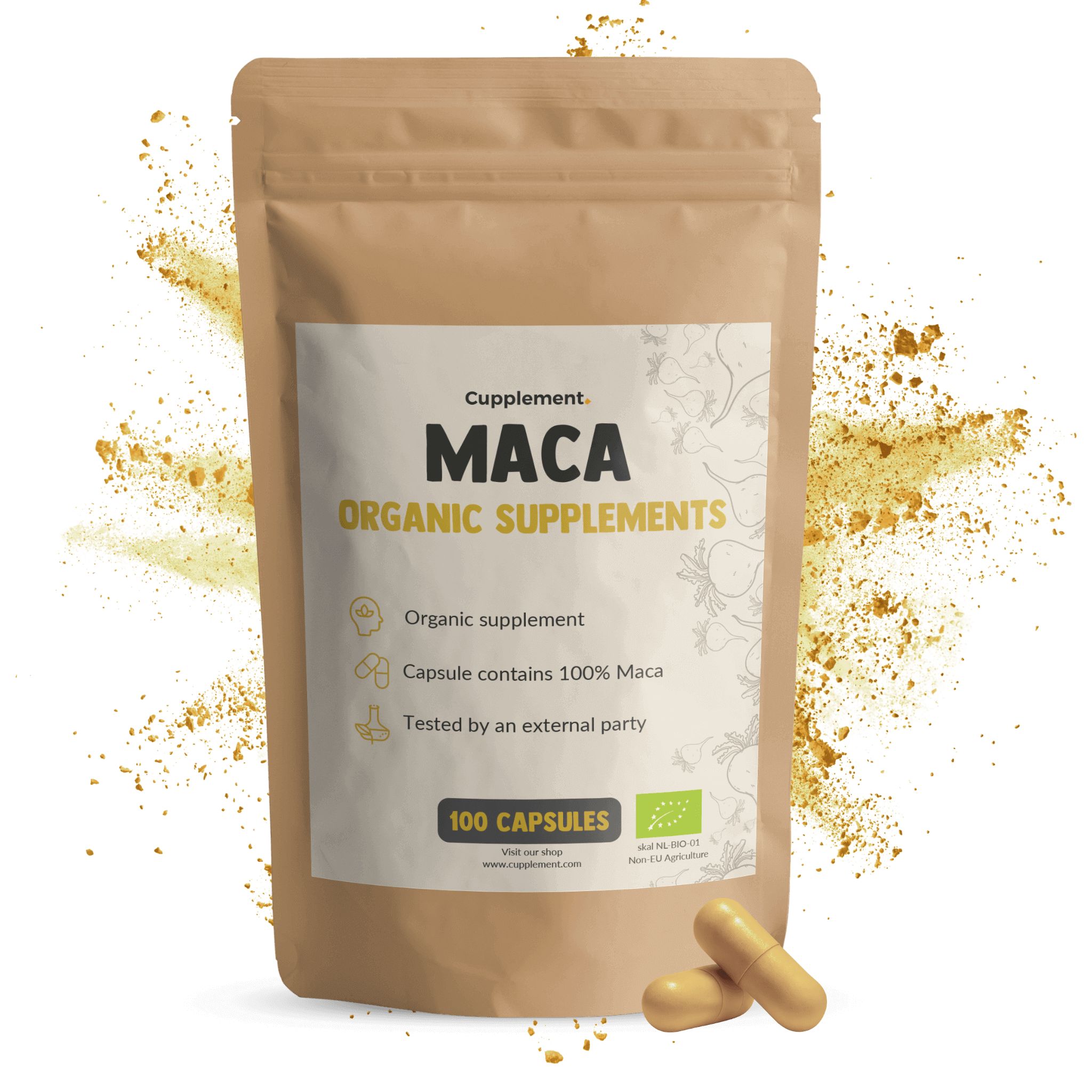 Brauner Beutel mit Kapseln. Aufdruck: Maca, Organic Supplements. 100 Kapseln. Grüne Zertifizierung.