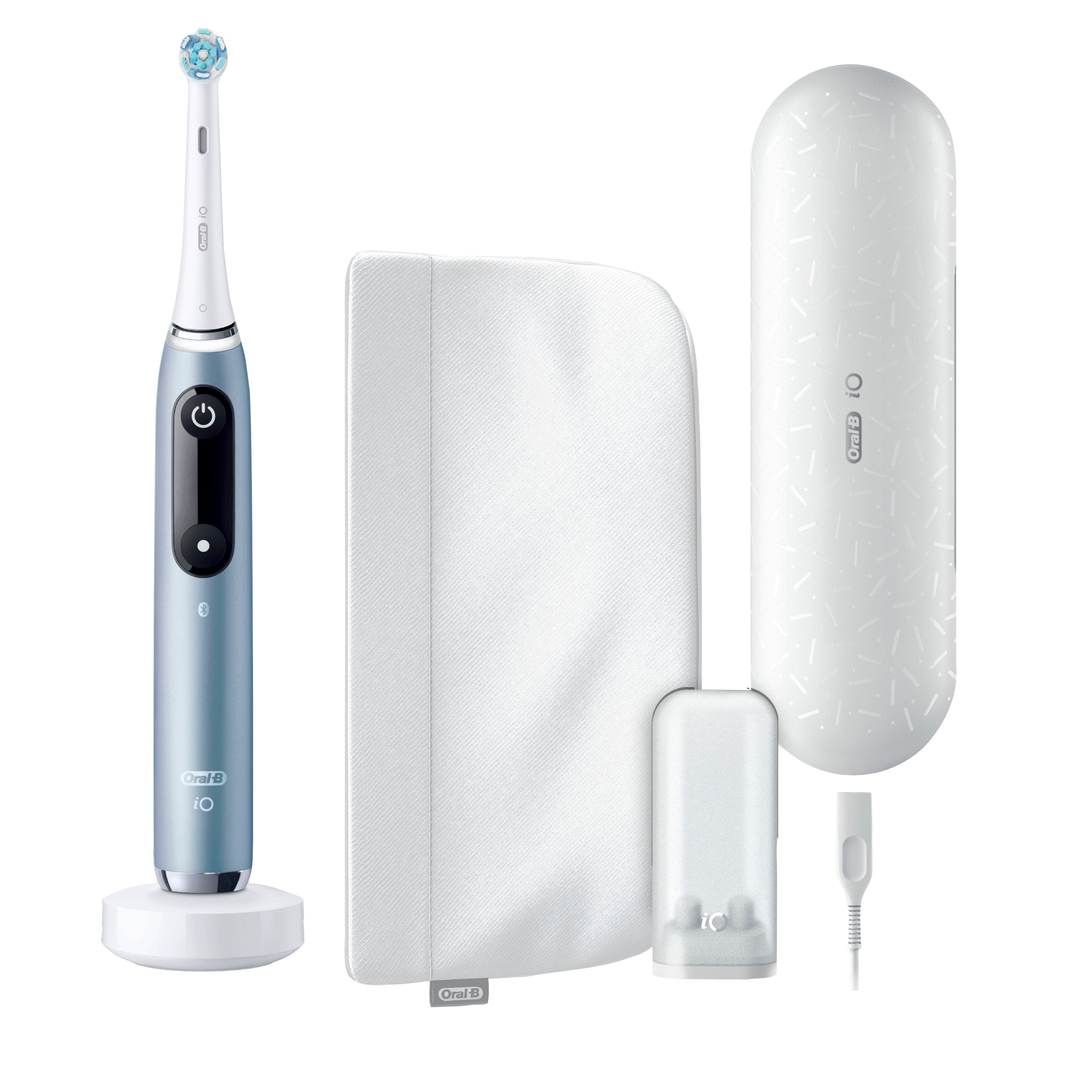 Blaue elektrische Zahnbürste, Ladestation, Reiseetui, Tasche und Ladekabel. Oral-B iO-Logo.