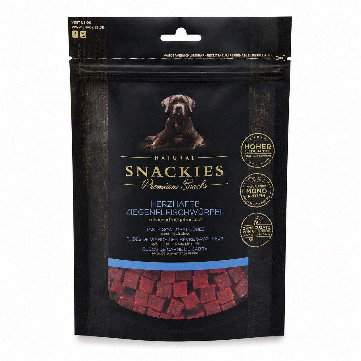 Snackies Herzhafte Ziegenfleischwürfel - Monoprotein Snack für Hunde 80 g Futter