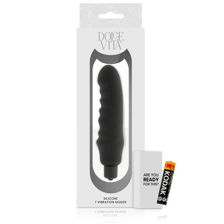 Schwarzer Silikon-Vibrator mit geriffelter Oberfläche. Verpackung mit Produktabbildung und Markennamen Dolce Vita.