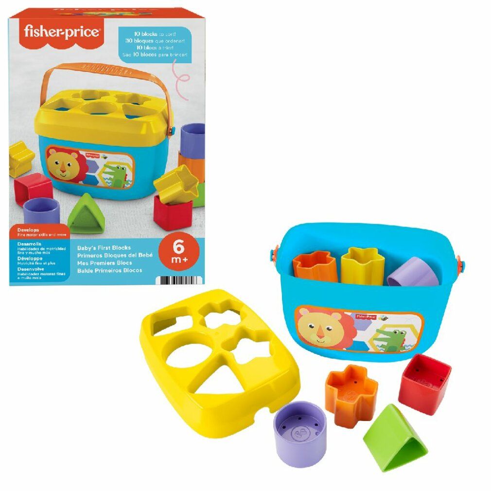 Verpackung mit blau-gelbem Eimer, 10 Bausteinen und Deckel. Aufdruck: Fisher-Price, Baby's First Blocks, 6m+.