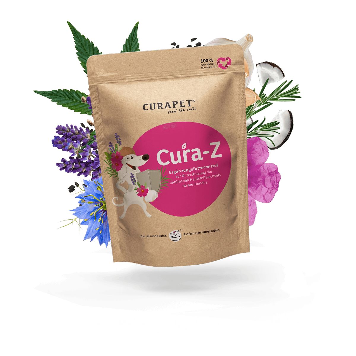 Beutel CURA Z Pulver für Hunde, umgeben von Kräutern und Zutaten. Braune Verpackung mit Logo und Produktname.