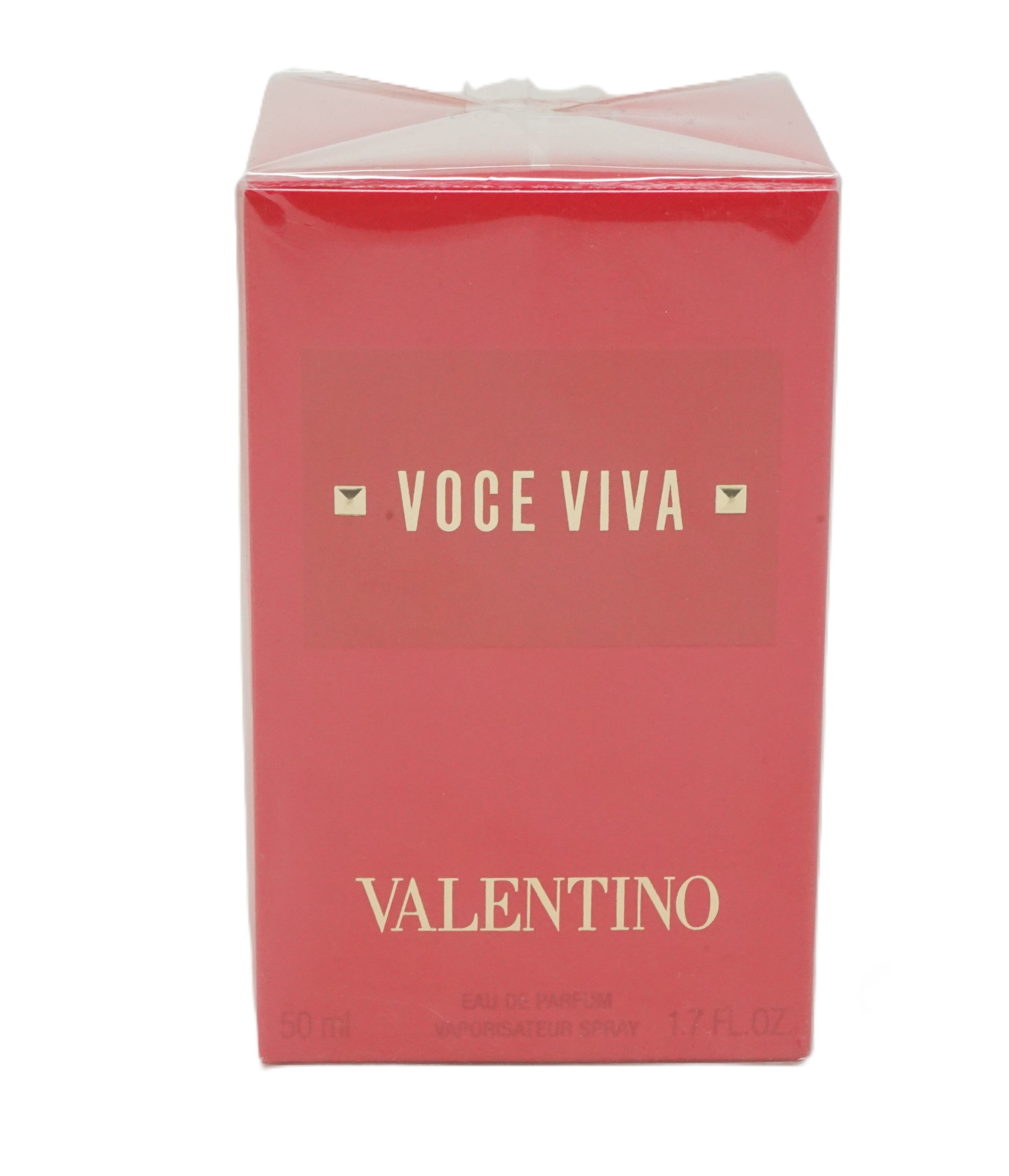 Rote Verpackung mit goldfarbenem Schriftzug "VOICE VIVA" und "VALENTINO". 50 ml, 1.7 FL. OZ. Eau de Parfum.