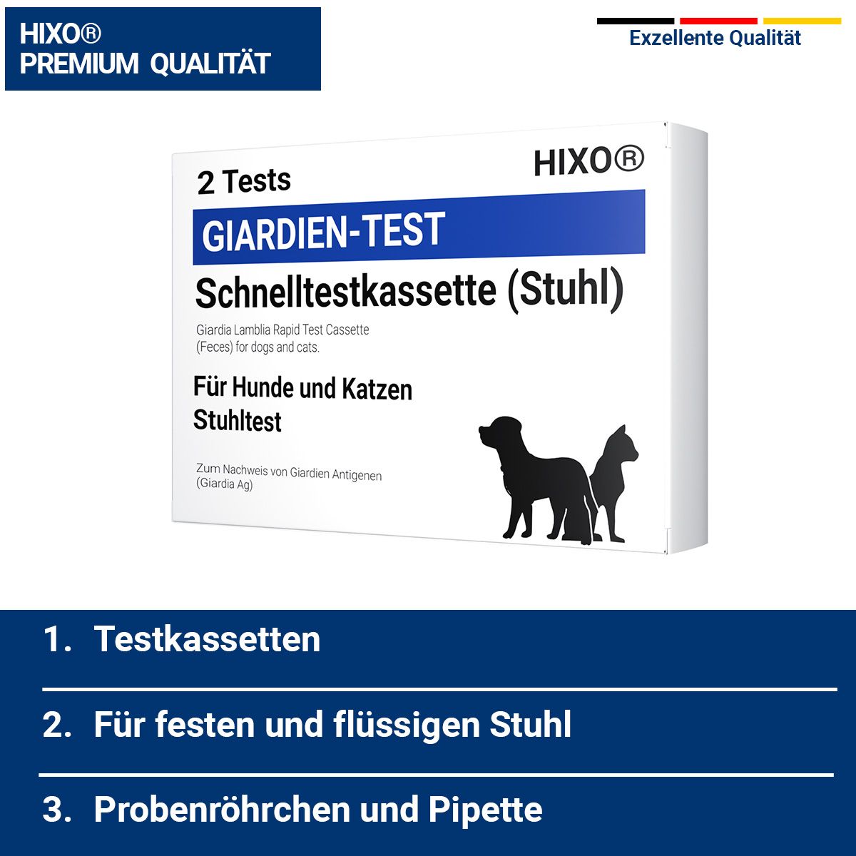 Verpackung mit Produktnamen und Logo. Text: 2 Tests, für Hunde und Katzen, Testkassetten, Probenröhrchen und Pipette.