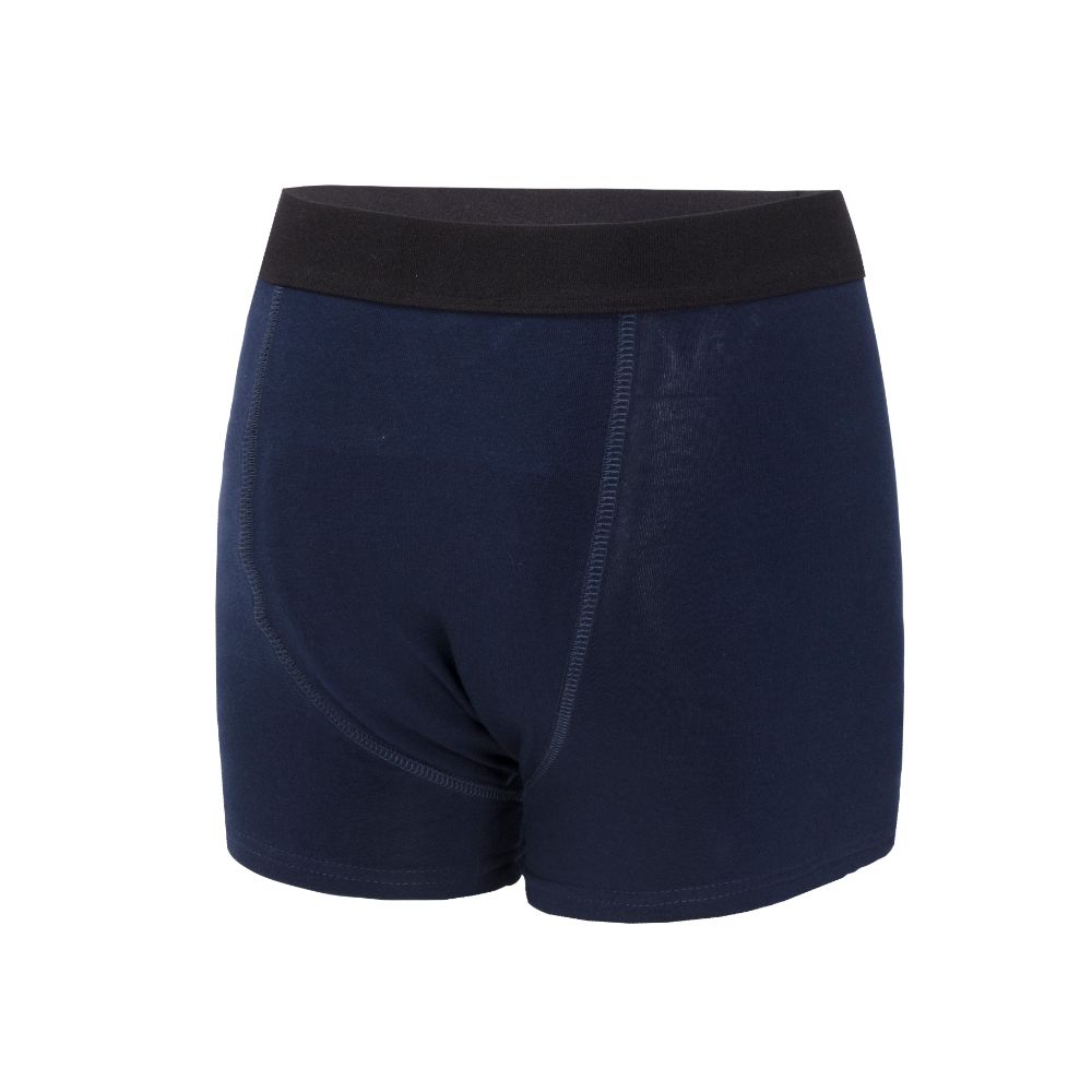 Inkontinenzhose, dunkelblau, mit schwarzem Bund. Rückansicht, auf weißem Hintergrund.