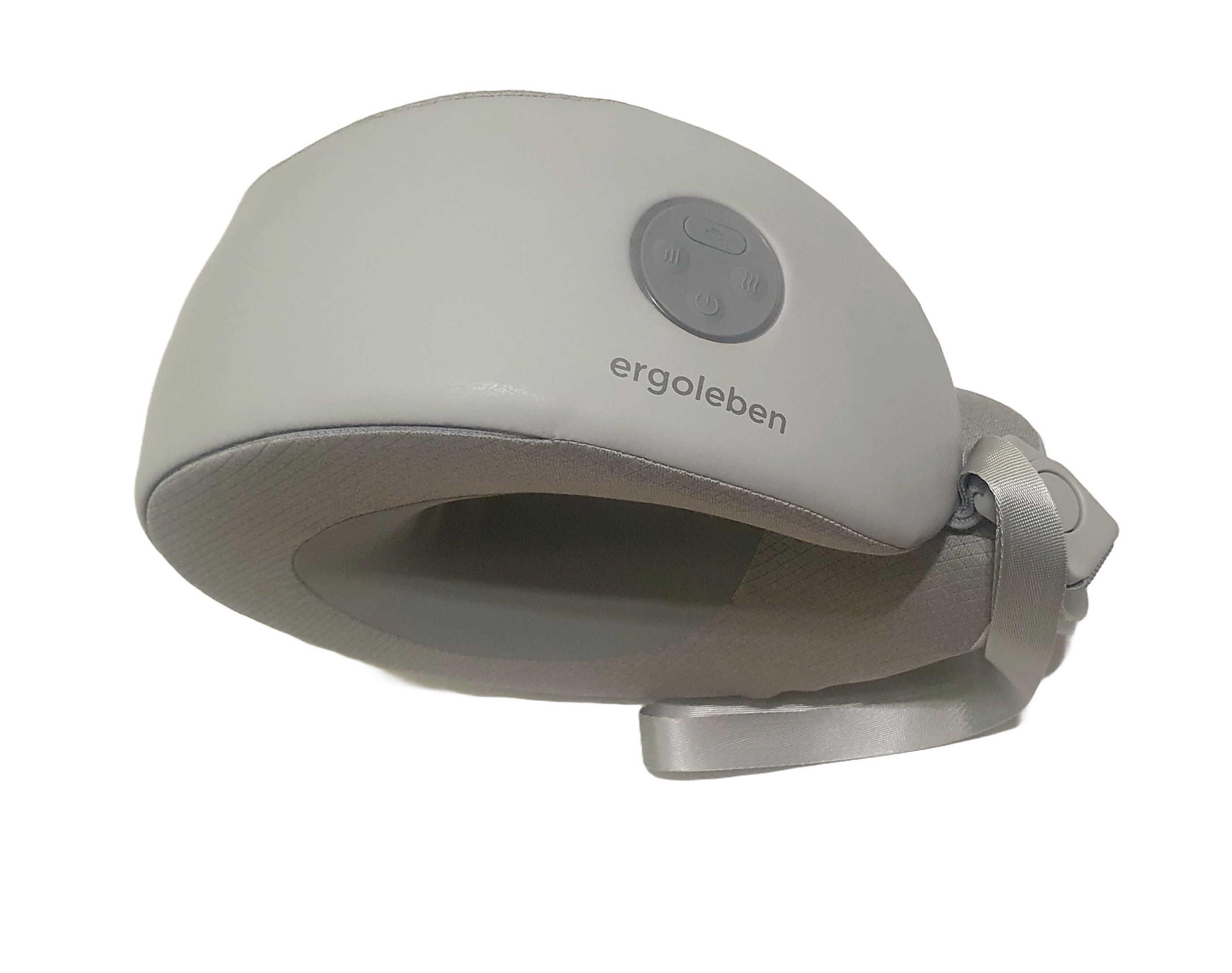 Graues Nackenmassagekissen mit Bedienfeld und Logo 'ergoleben'. Ergonomische Form.