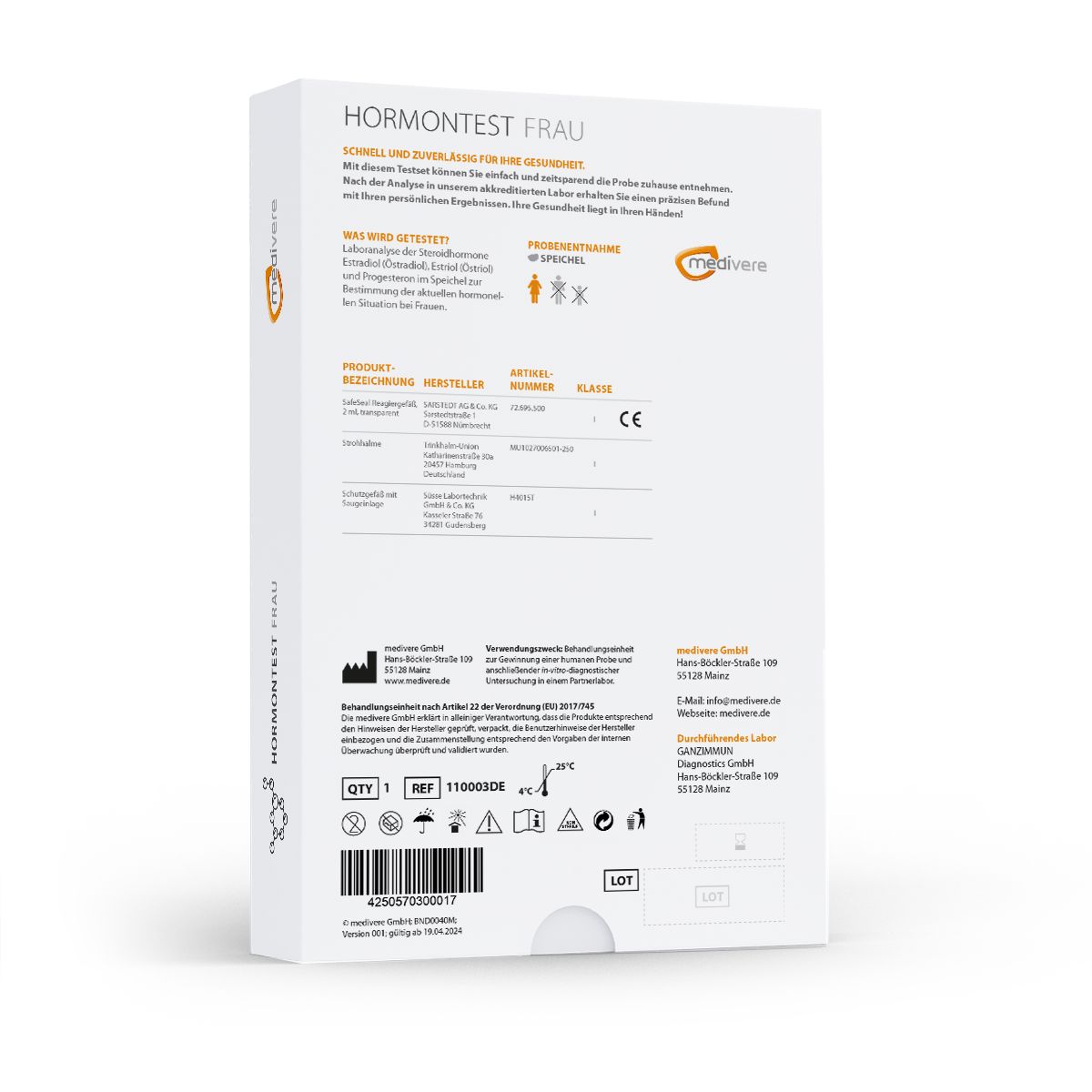 Rückseite der Verpackung für Hormontest Frau. Enthält Informationen, Herstellerdetails, Artikelnummern und Zertifizierungen.