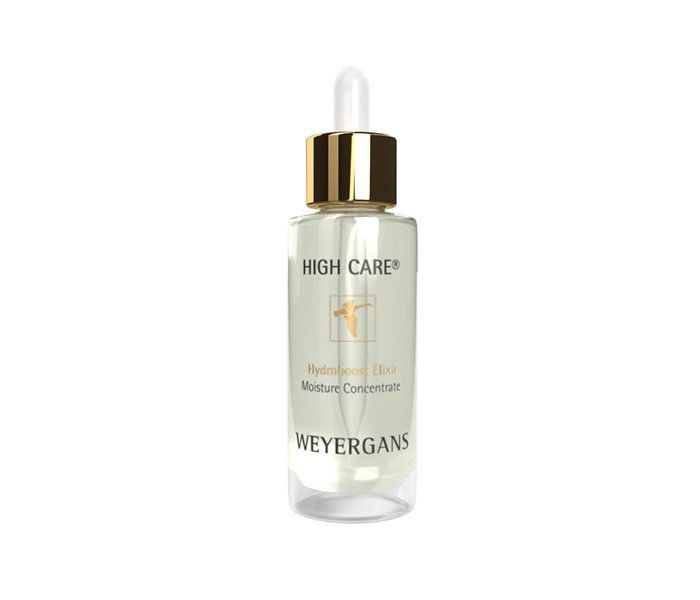 Glasflasche mit goldfarbenem Verschluss und Pipette. Aufschrift: HIGH CARE®, Hydroboost Elixir, Moisture Concentrate, WEYERGANS.