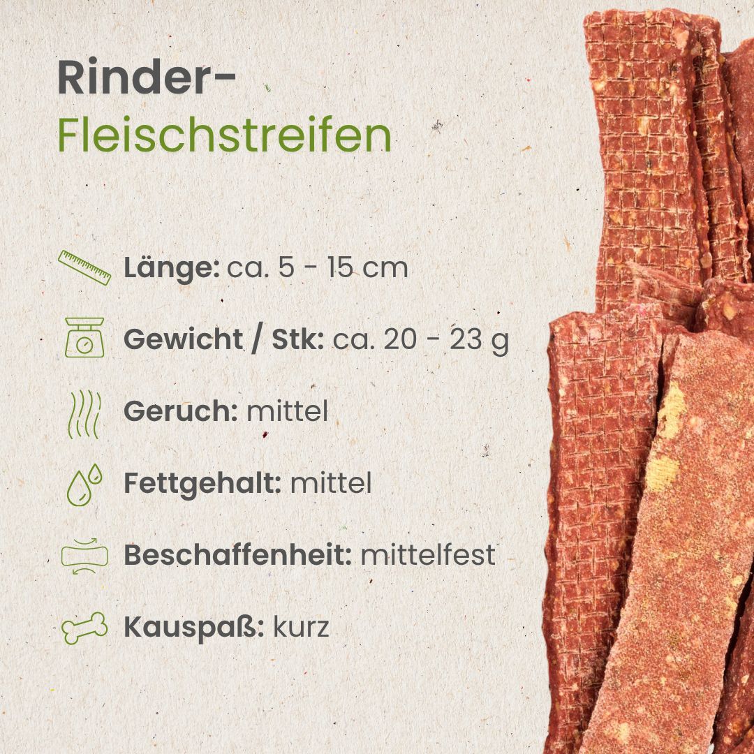 Getrocknete Rinder-Fleischstreifen, 100% Rind, schonend getrocknet.