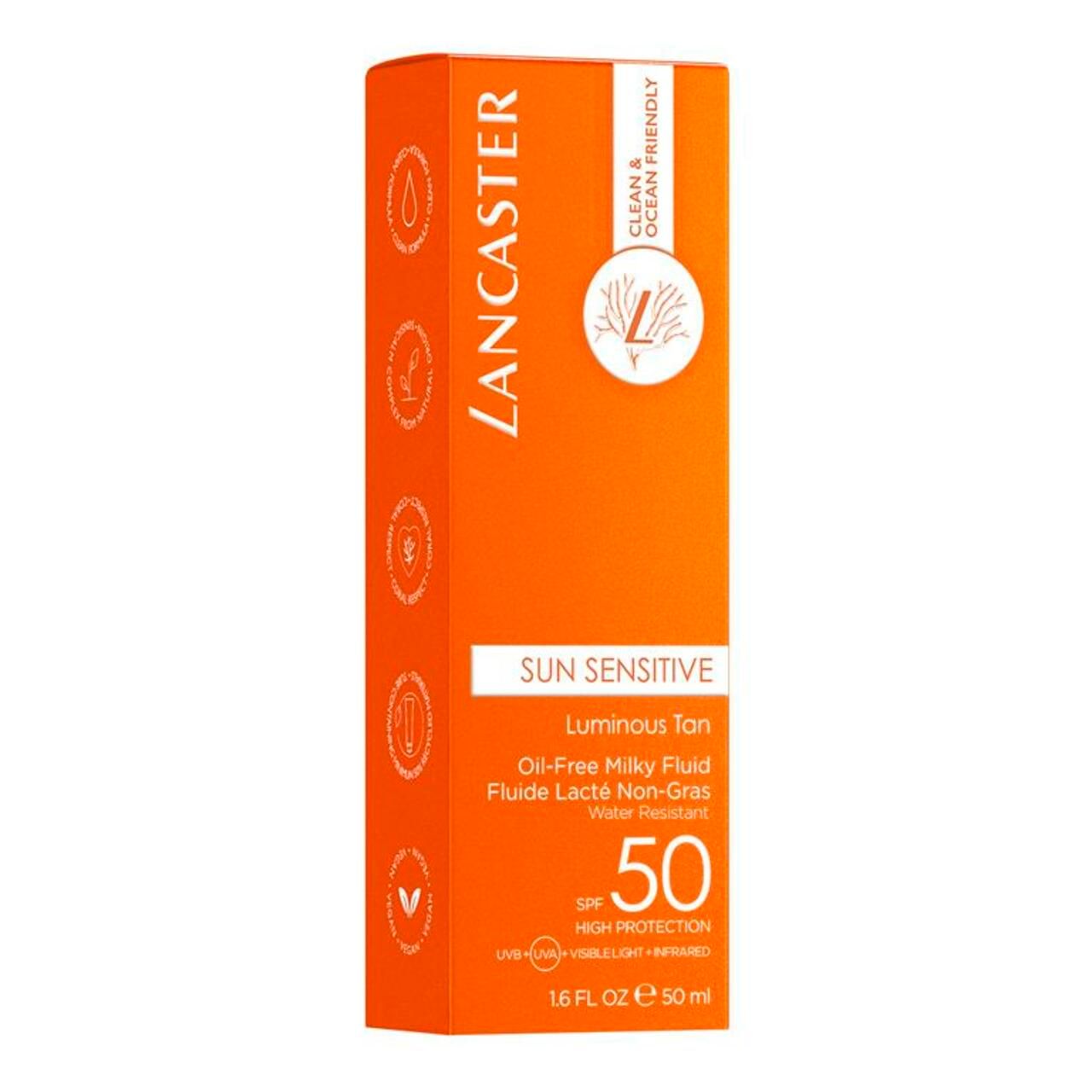 Orangefarbene Produktverpackung. Text: Lancaster, Sun Sensitive, Luminous Tan, SPF 50, High Protection.