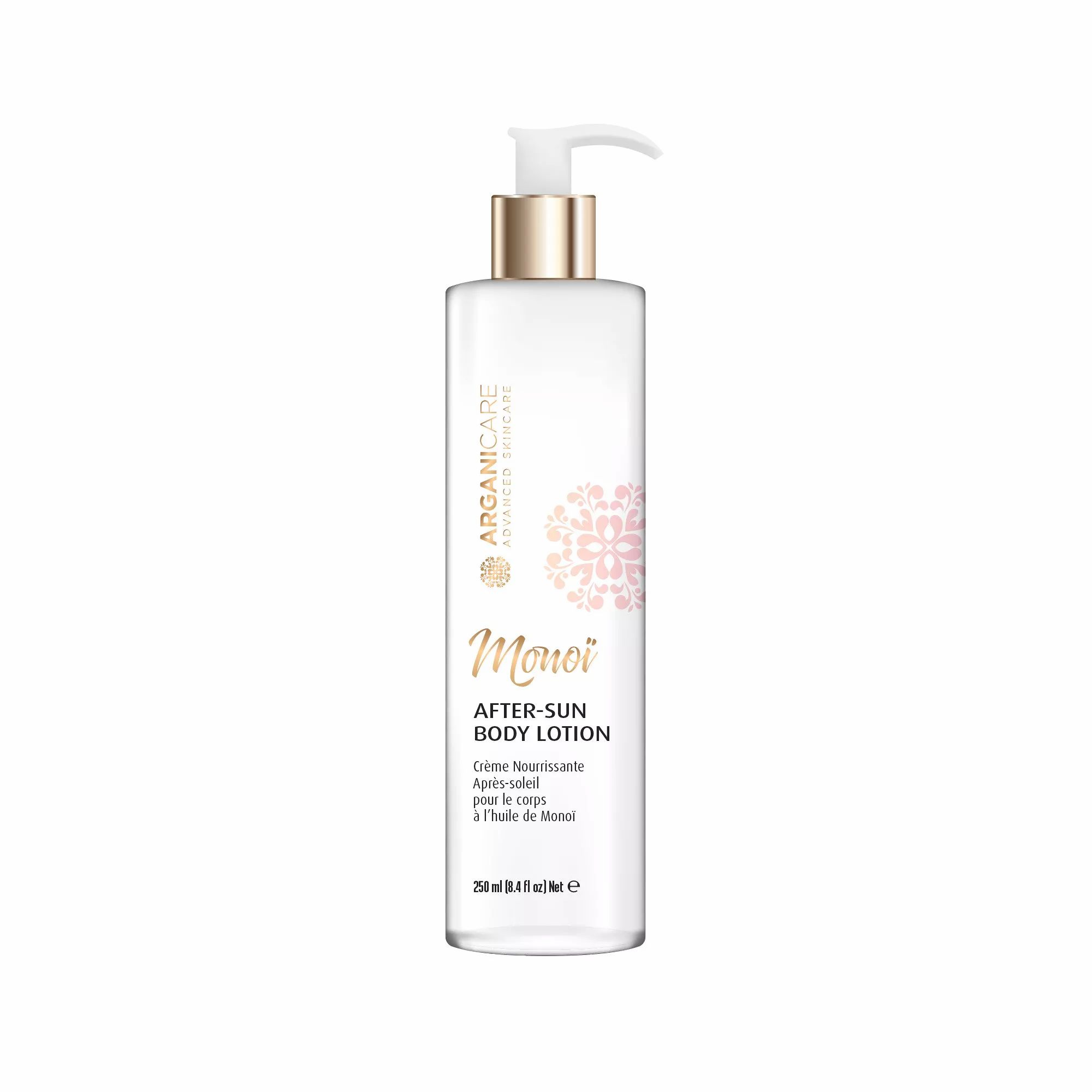Arganicare After-Sun Body Lotion. Weiße Flasche mit Dosierpumpe. Goldener Verschluss. Text: After-Sun Body Lotion, Monoi.