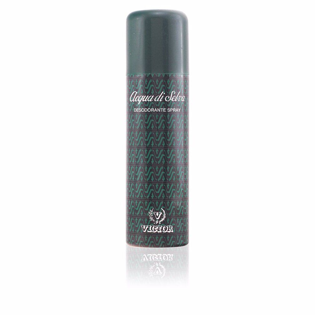 Deodorant-Spray. Grün-schwarzes Muster. Aufschrift: Acqua di Selva, Desodorante Spray, Victor. Zylindrische Form.