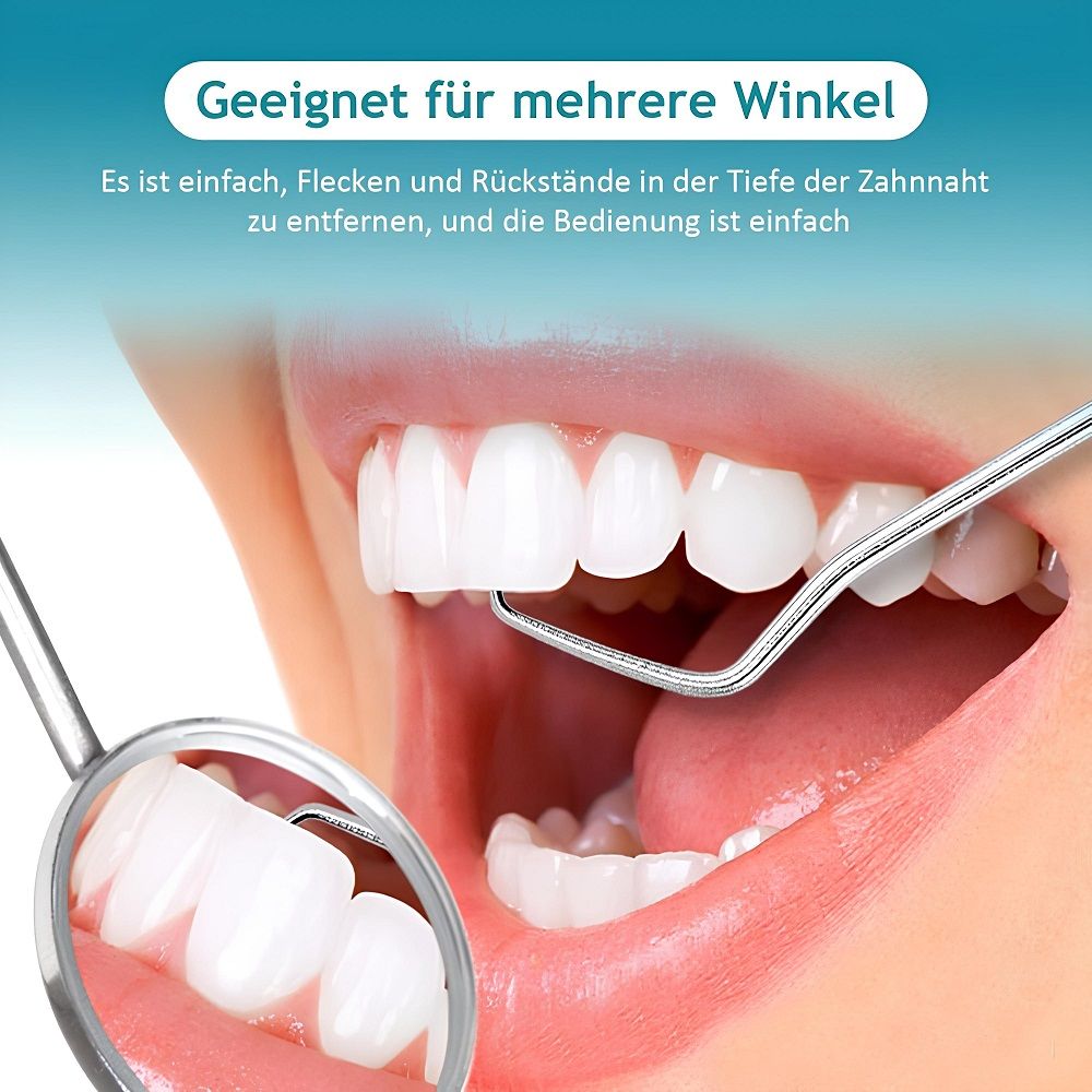 Nahaufnahme eines Mundes mit Zähnen und einem Zahnstocher. Spiegel zur Betrachtung. Text: "Geeignet für mehrere Winkel".