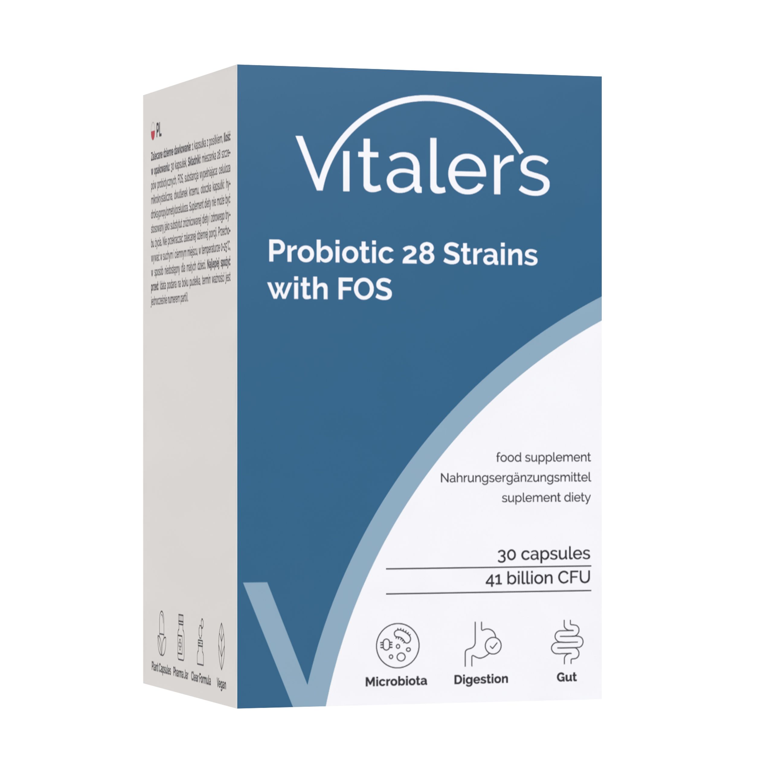 Vitaler’s Probiotikum 28 Stämme mit FOS: Kartonverpackung, Vorderseite mit Produktinformationen und Symbolen.