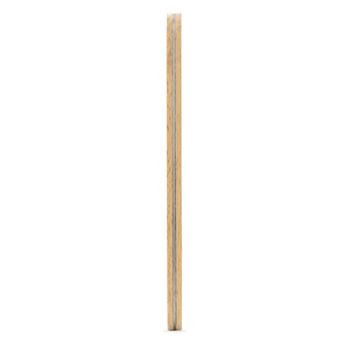 Flaschenöffner aus Holz. Schmale Seitenansicht. Helles Holz mit Metall-Öffner. Rechteckige Form.