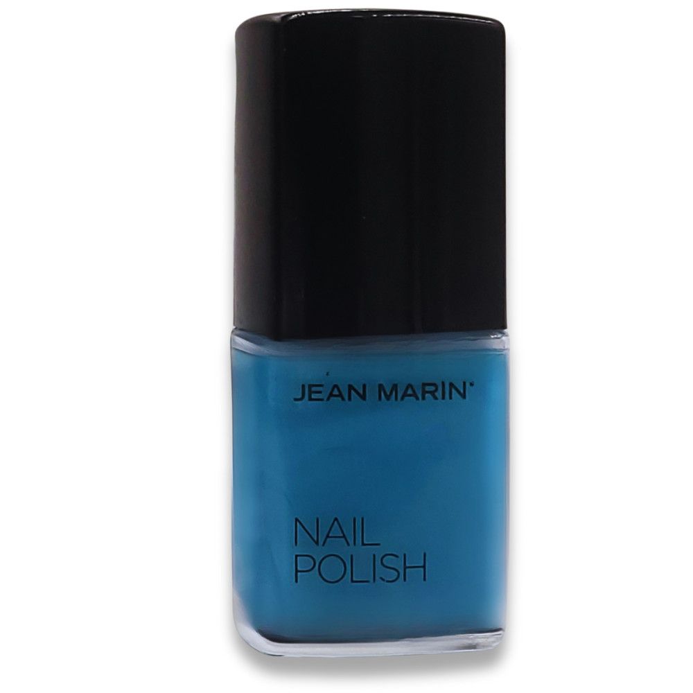 Nagellackflasche mit blauem Lack und schwarzem Deckel. Produktname auf der Flasche.