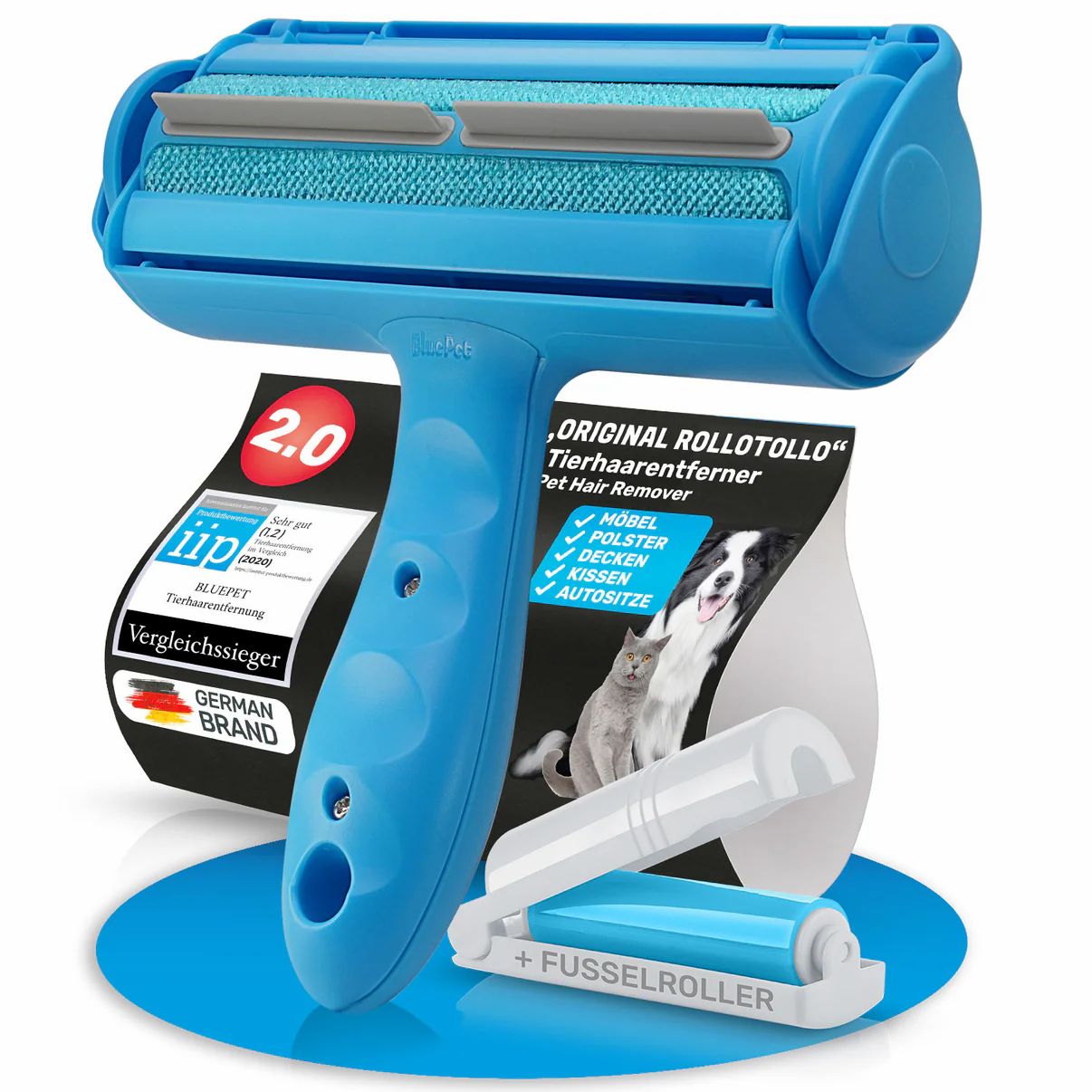 Blauer RolloTollo Tierhaarentferner mit Mini Fusselroller. Aufkleber mit "German Brand" und "Vergleichssieger".