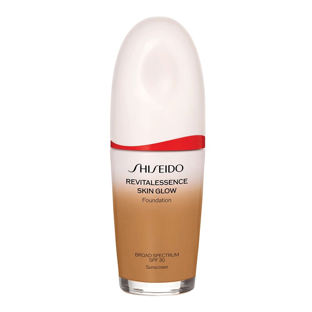 Shiseido Revitalessence Skin Glow Foundation mit SPF 30. Flasche mit weißem Deckel, rotem Ring und braunem Farbton. Text auf der Flasche.