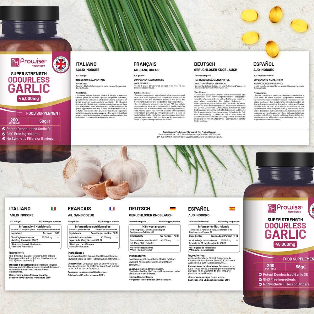 Prowise Odourless Garlic Kapseln, Flaschenansichten und Nährwertinformationen.