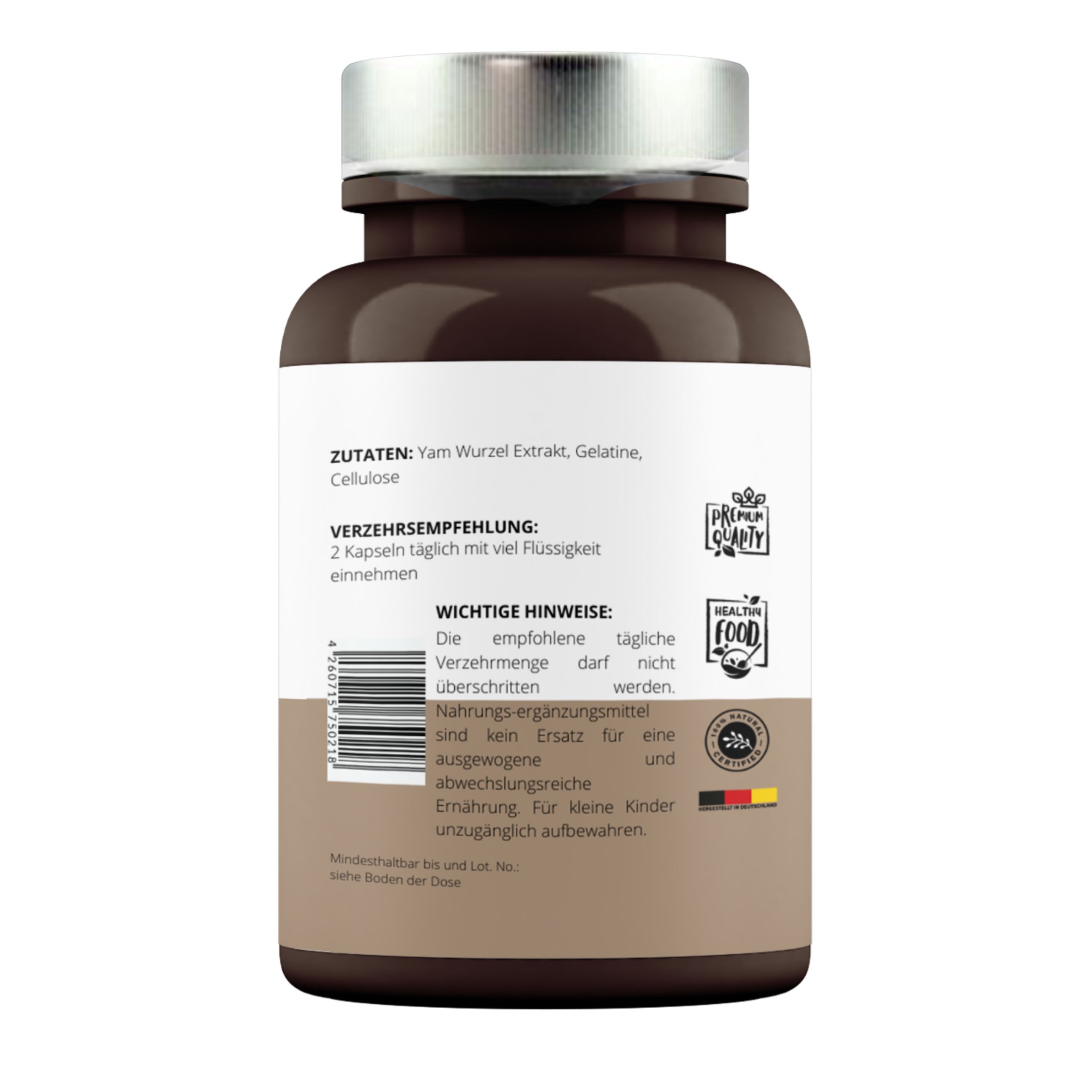 Rückseite einer Kapsel-Flasche mit Zutaten, Verzehrempfehlung und Qualitätssiegeln.