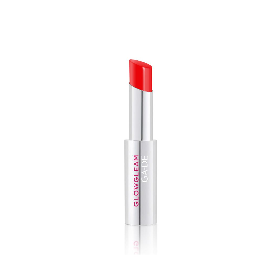 Roter Lippenstift mit silberner Hülse. Aufschrift: GLOWGLEAM, GA-DE.
