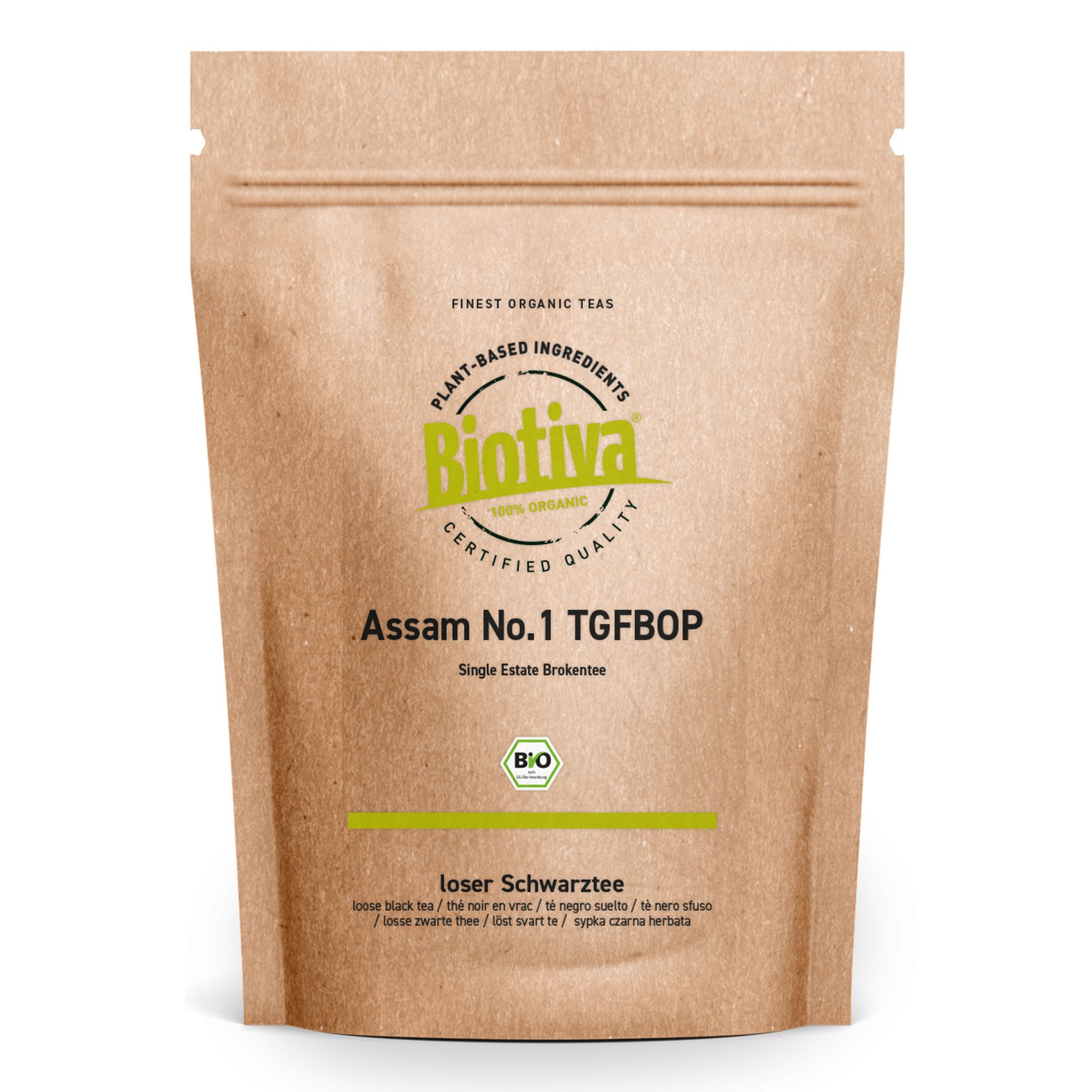 Braune Papierverpackung mit Reißverschluss. Aufschrift: Assam No.1 TGFBOP, Bio-Siegel, Biotiva Logo. Text in Deutsch, Englisch, Französisch, Italienisch.