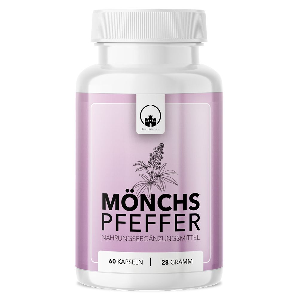 Weiße Flasche mit lila Etikett. Aufschrift: Mönchspfeffer, Nahrungsergänzungsmittel. 60 Kapseln, 28 Gramm.
