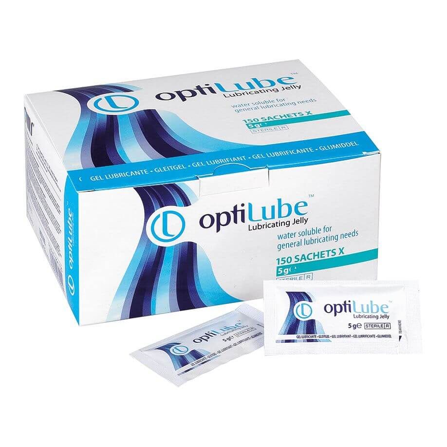 OptiLube Gleitgel Tütchen. Weiße Verpackung mit blauen Wellen. Aufschrift: OptiLube, 150 Sachets X 5g.