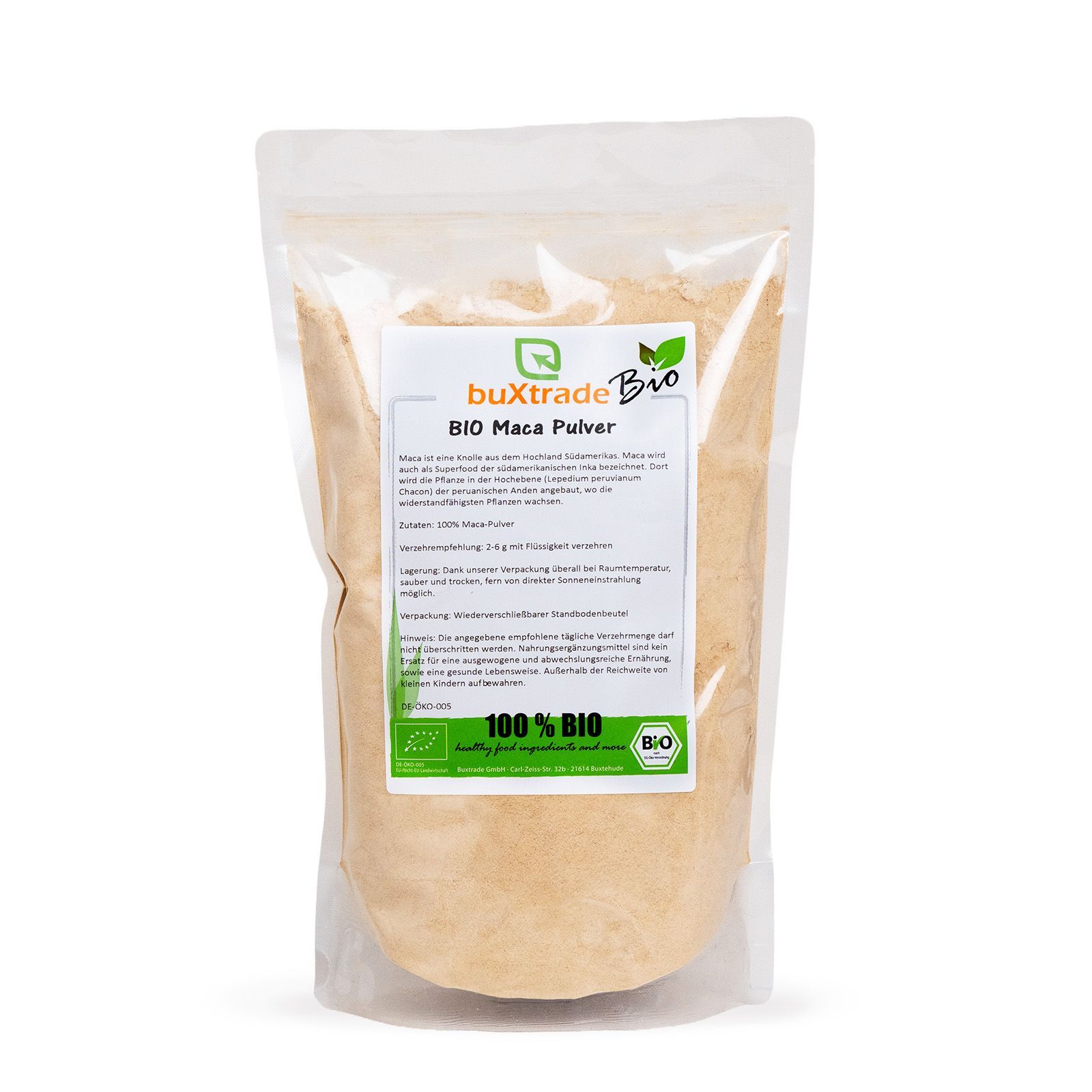 Beutel mit buXtrade Bio Maca Pulver. Transparente Verpackung, weißes Etikett mit Text und Logo. Bio-Siegel.