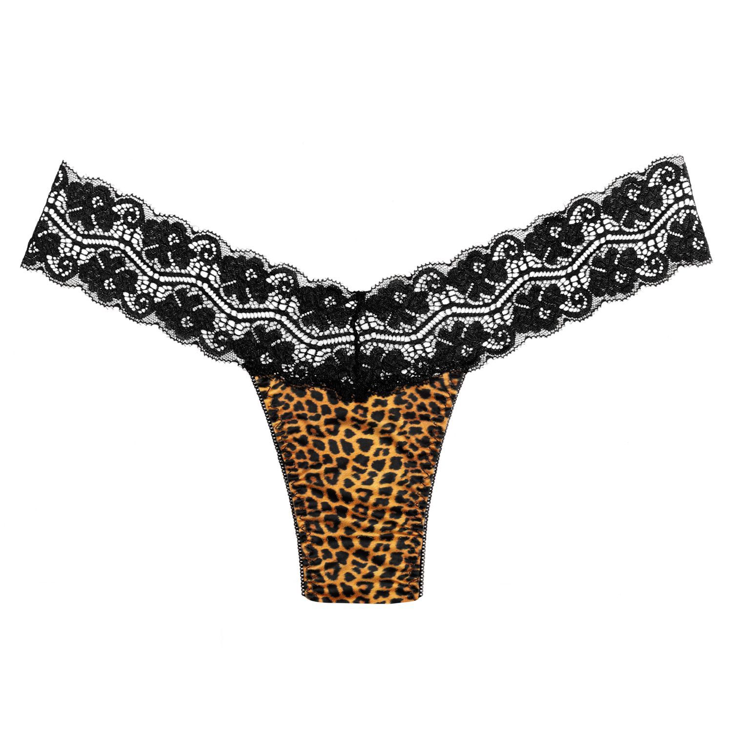 Schwarze Spitze-Hose mit Leopardenmuster. Auf weißem Hintergrund. Spitze am oberen Rand. Leopardenmuster im Schrittbereich.
