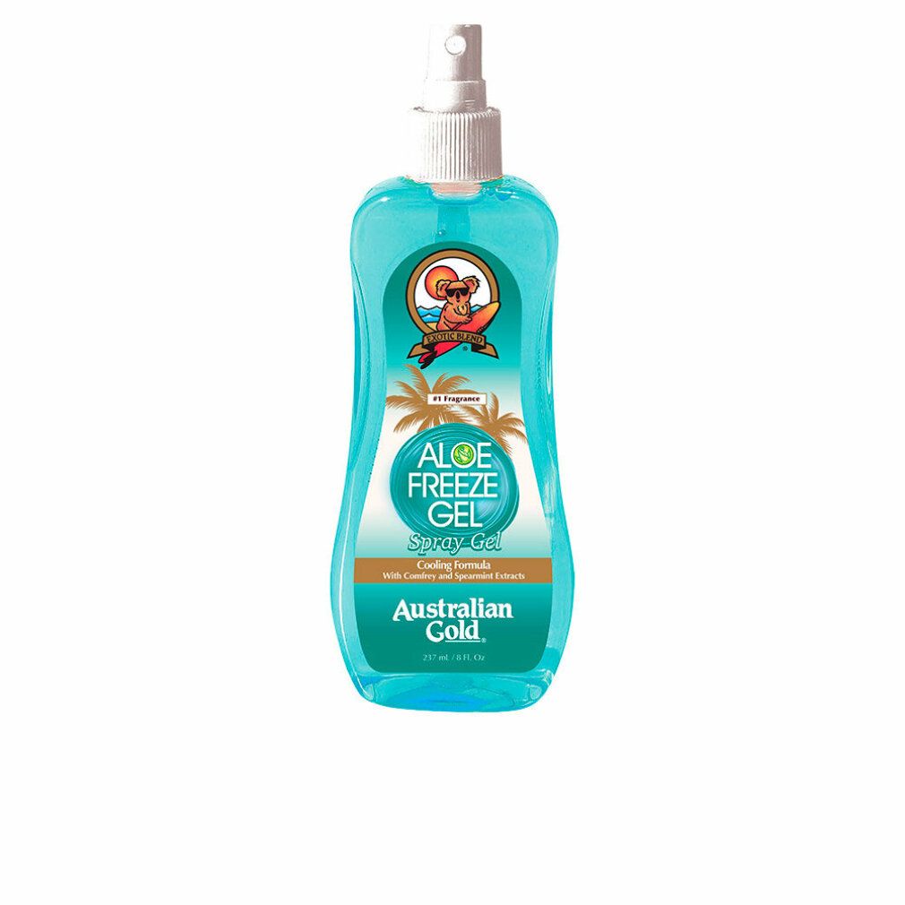 Türkisblaue Sprühflasche mit weißem Sprühkopf. Aufschrift: Aloe Freeze Gel, Australian Gold. Mit Logo.